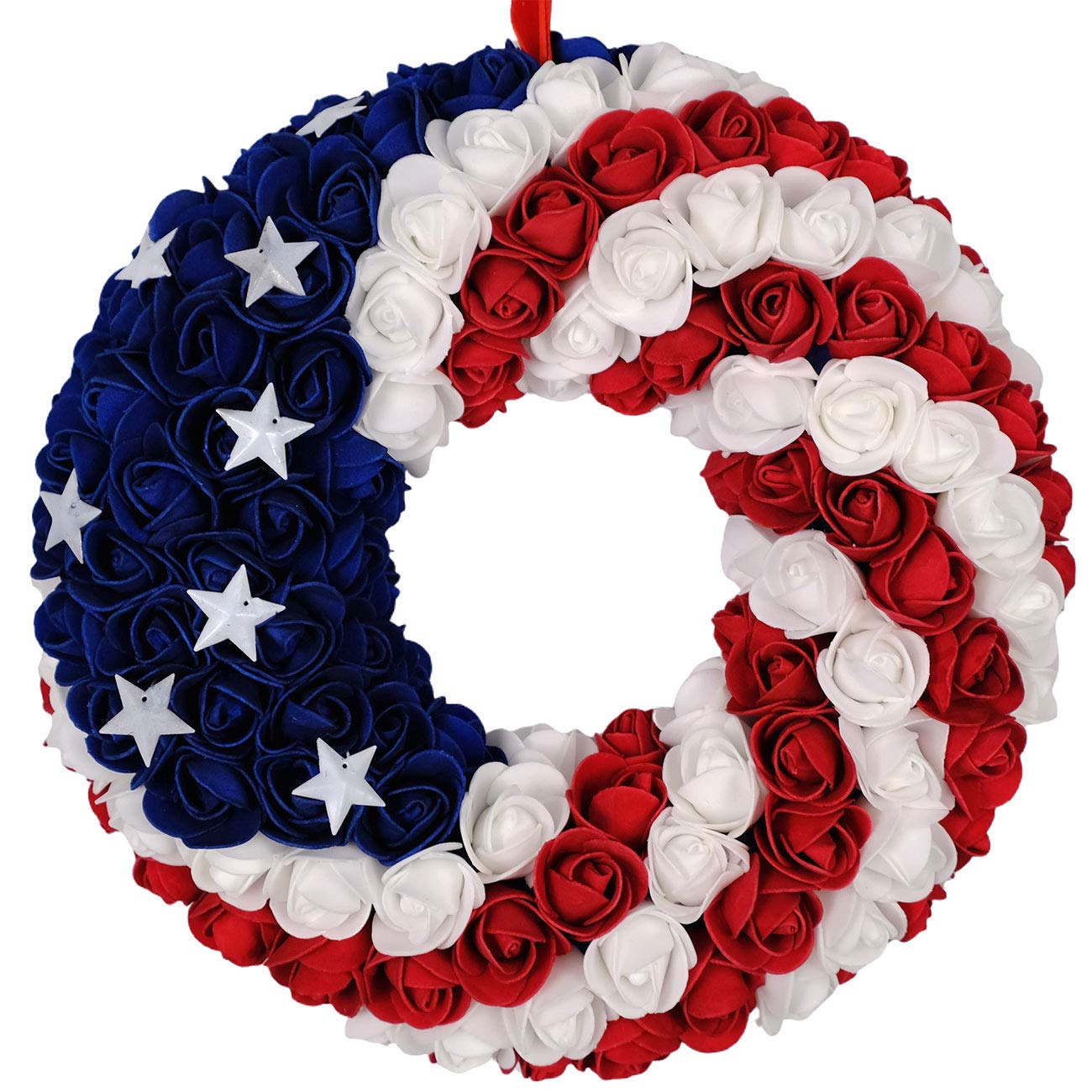 idyllic July 4th Patriotic Americana Wreath Boxwood Handcrafted Memorial Day Wreath Festival Garland Decoration Front Door Wall Home Decor (Blue)
