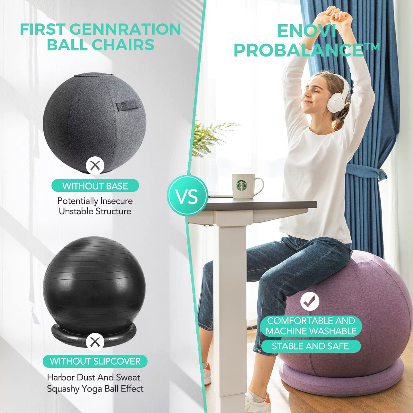 ENOVI ProBalanceΩ Yoga Ball Chair, Exercise Ball with Slipcover and Base for Office and Home, Birthing and Pregnancy, 55cm, FG