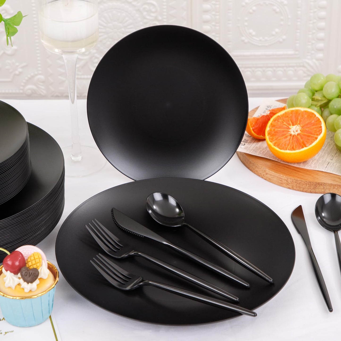 EI 150pcs Black Plastic Plates Frosted Plastic Plate,Premium Heavy Duty Black Plastic Plates,Black Disposable Plates with Plastic Silverware,10.25" Dinner Plates and 7.5" Dessert Plate Wedding Party