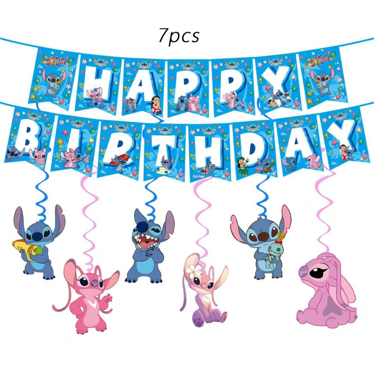 88PCS For Stitch Party Supplies: 6 Hanging Swirls, 20 Napkins, 20 Cups, 20 Plates （9 inch）， 20 Plates 7（ inch）, 1 Banner, 1 Tablecloth for Stitch Birthday Party Decorations