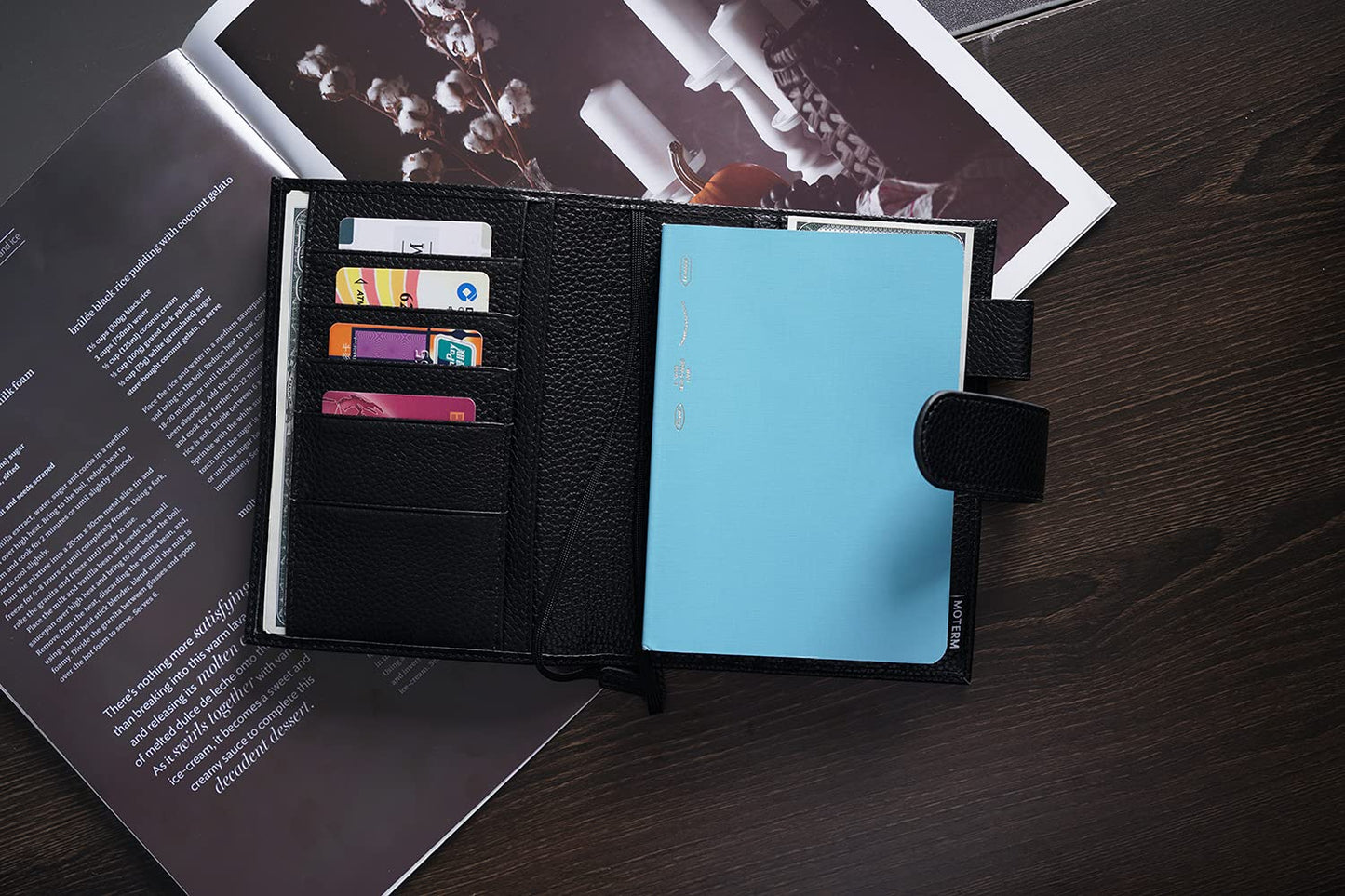 Moterm Leather Cover for A6 Notebooks - Fits Hobonichi Original, Stalogy and Midori MD Planners, with Pen Loop, Card Slots and Back Pocket (Pebbled-Black, A6+)