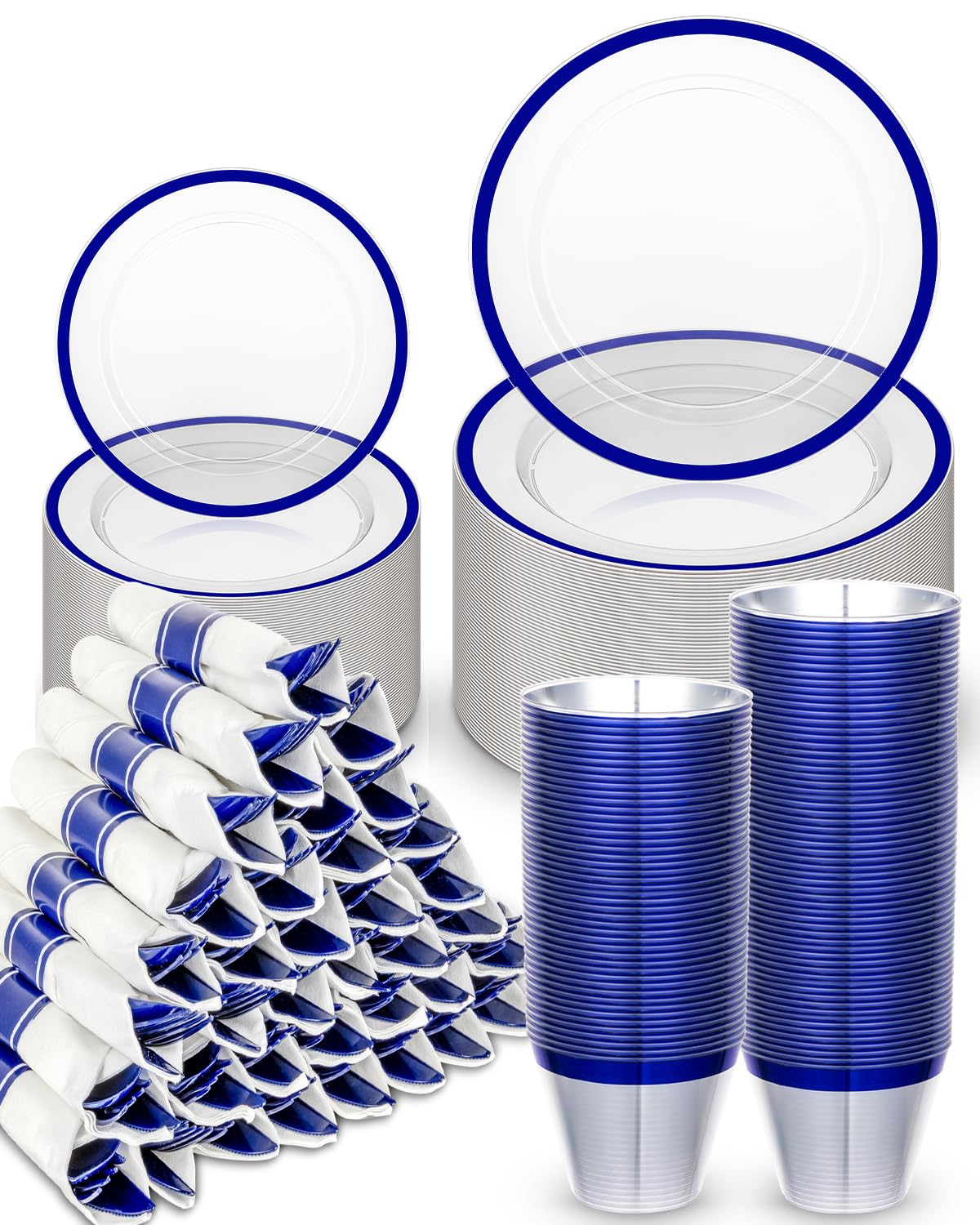 BESTVIP 350PCS Plastic Clear Blue Plates for Party, Disposable Dinnerware Set for 50 Guests, 100 Plastic Plates, 50 Cups, 50 Pre-Rolled Napkins with Cutlery for Graduation Party, Christmas, Birthday