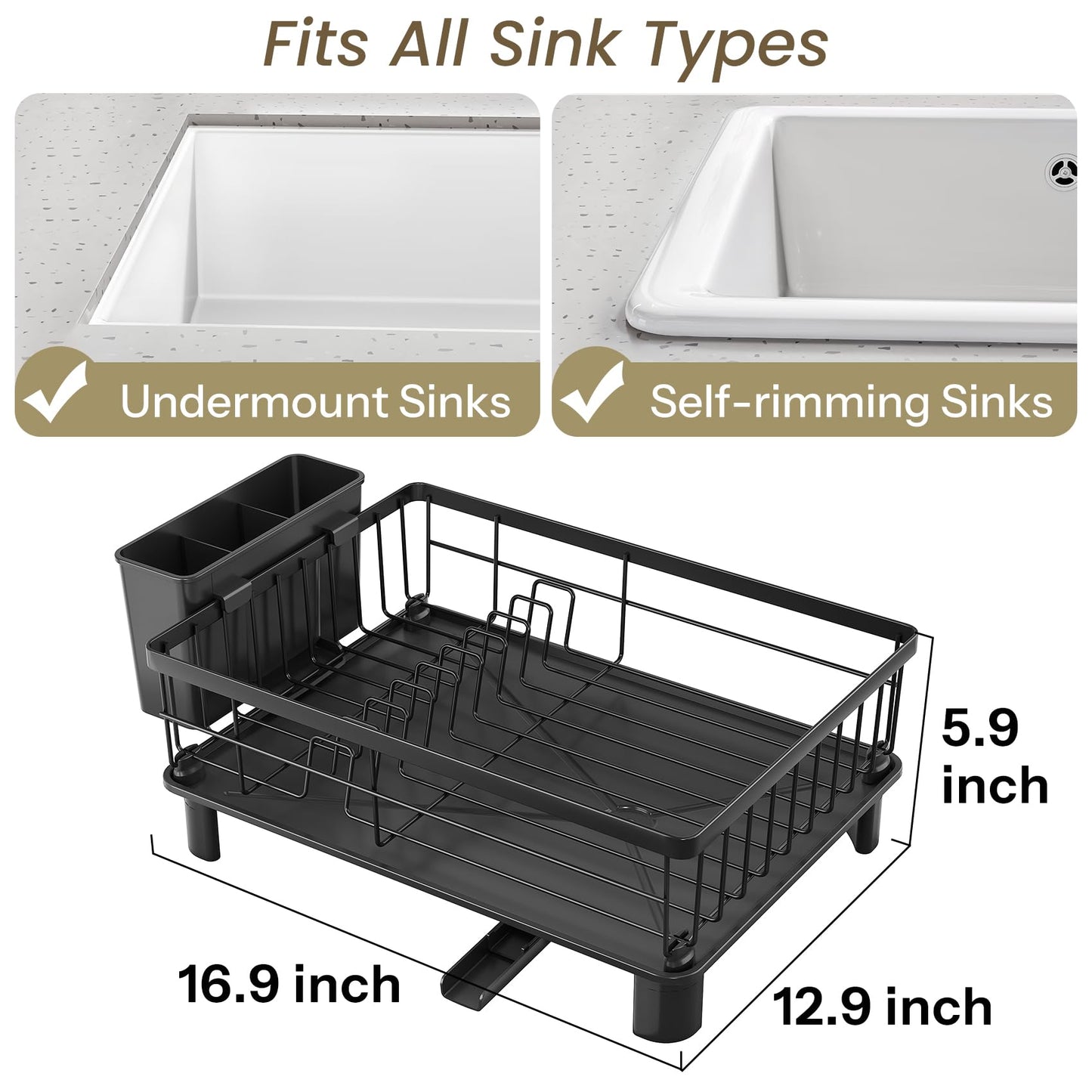 SNTD Dish Drying Rack - Small Dish Rack for Kitchen Counter, Stainless Steel Dish Drainer with Utensil Holder and Drainboard, 12.9" W x 16.9" L (Black)