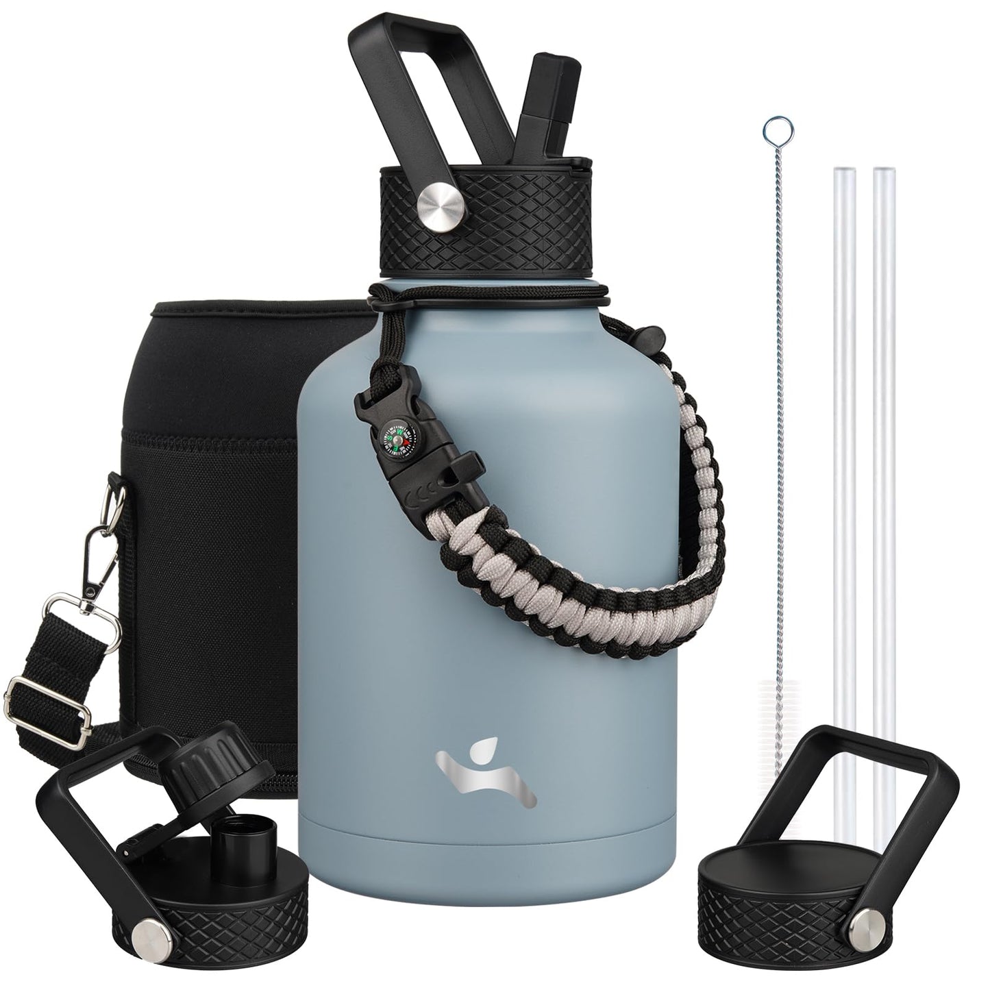 Konokyo Insulated Water Bottle with Straw,50 oz 3 Lids Water Jug with Carrying Bag,Paracord Handle,Double Wall Vacuum Stainless Steel Metal Flask,Storm Blue