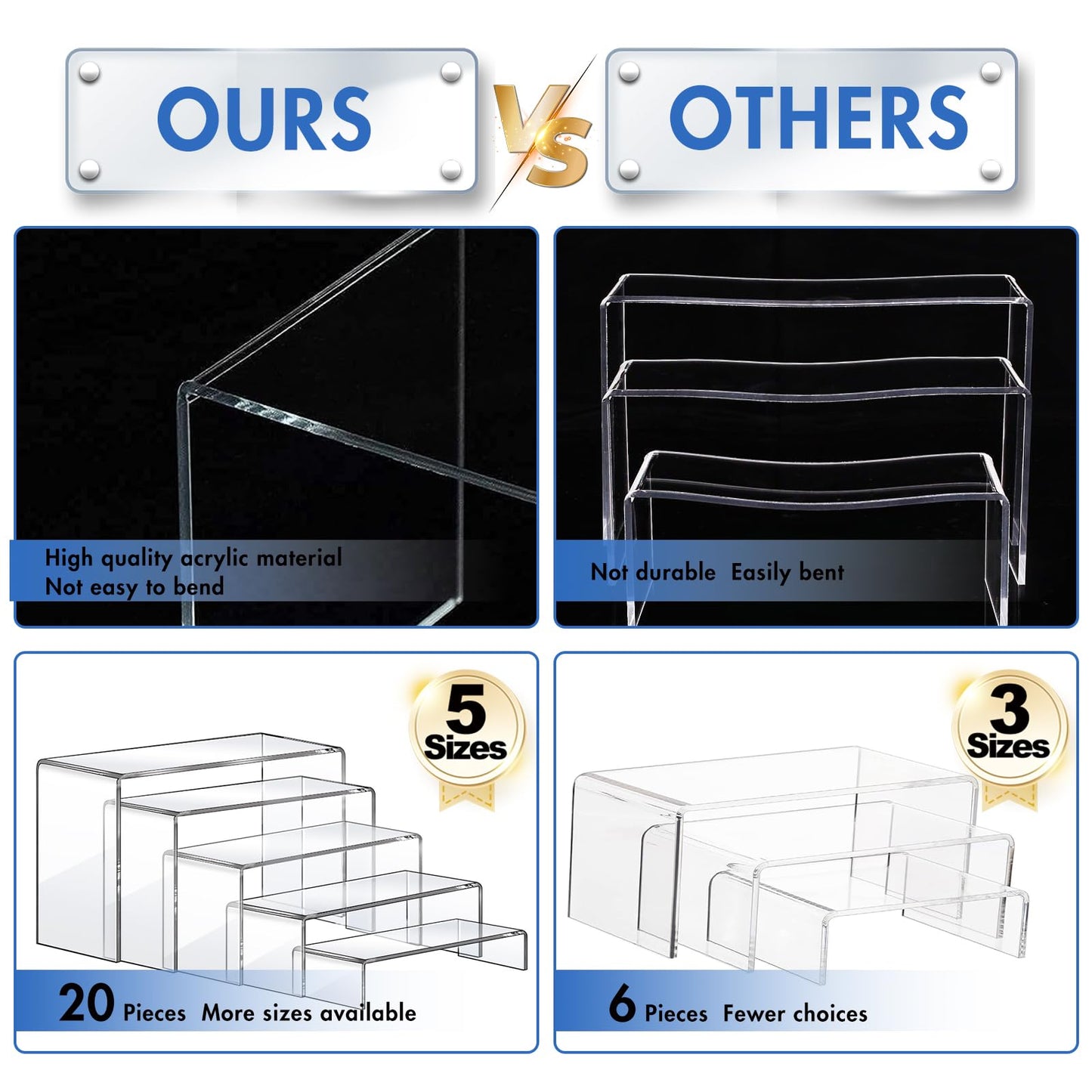 Aheroi Acrylic Risers, 20 Pcs 4 Set Display Stands, Clear Rectangular Risers for Decor, Cupcake Funko, Shoe Display (1-3-4-5-6IN)