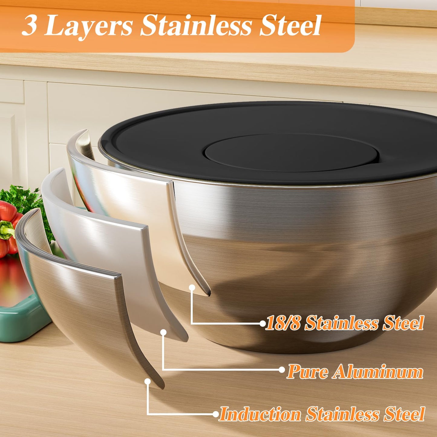 Winproper Mixing Bowls with Lids Set, 6 PCS Stainless Steel Mixing Bowls with 3 Grater Attachments, Kitchen Food Storage Organizers Nesting Mixing Bowl, Large Size 4.5, 3.5, 2.1, 1.5, 1.1, 0.7QT-Black