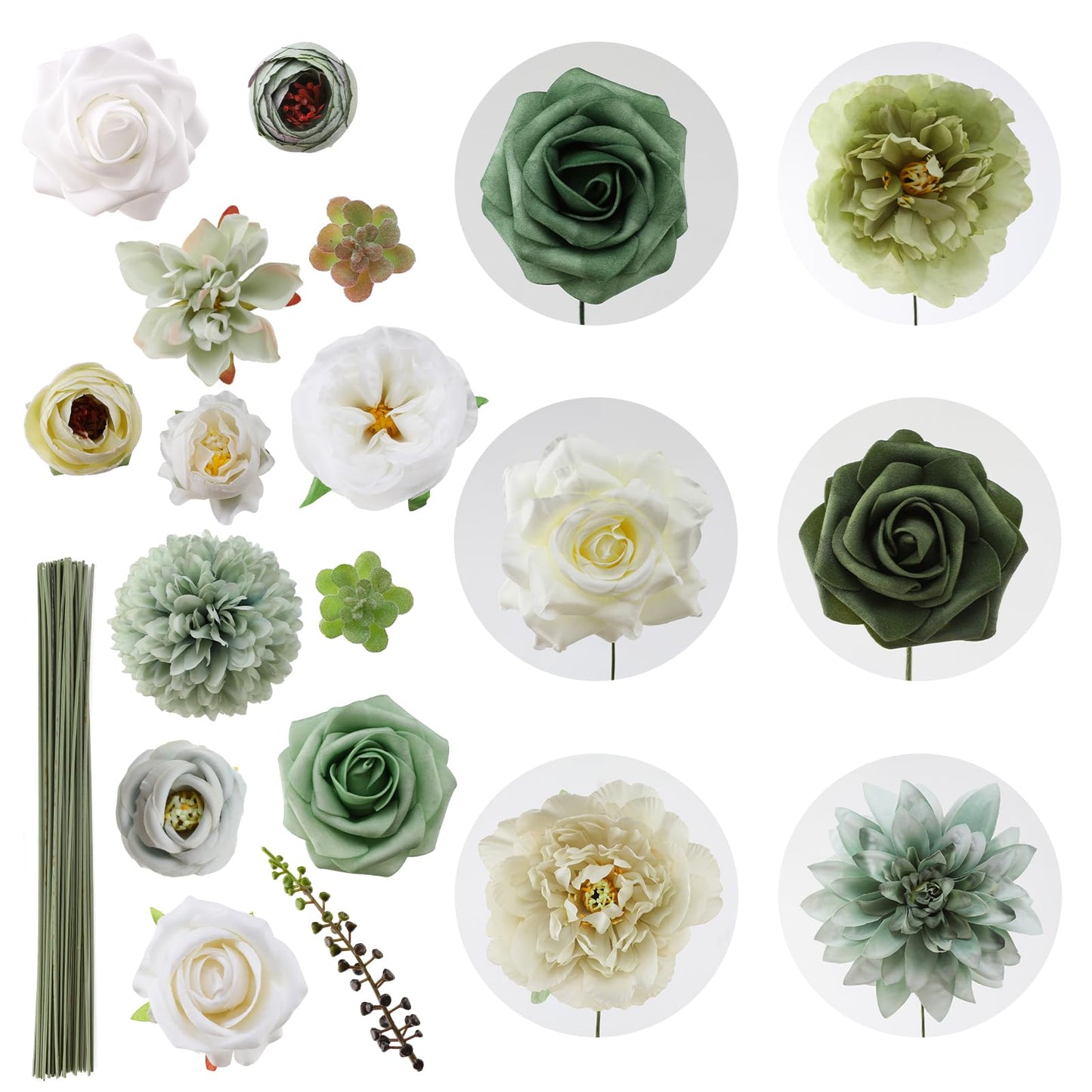 Floweroyal Artificial Flowers Combo Green Flowers Mix Silk Flowers Dahlia Roses with Stems for DIY Wedding Bridal Bouquets, Baby Shower, Floral Arrangement, Table Centerpieces, Home Decorations.