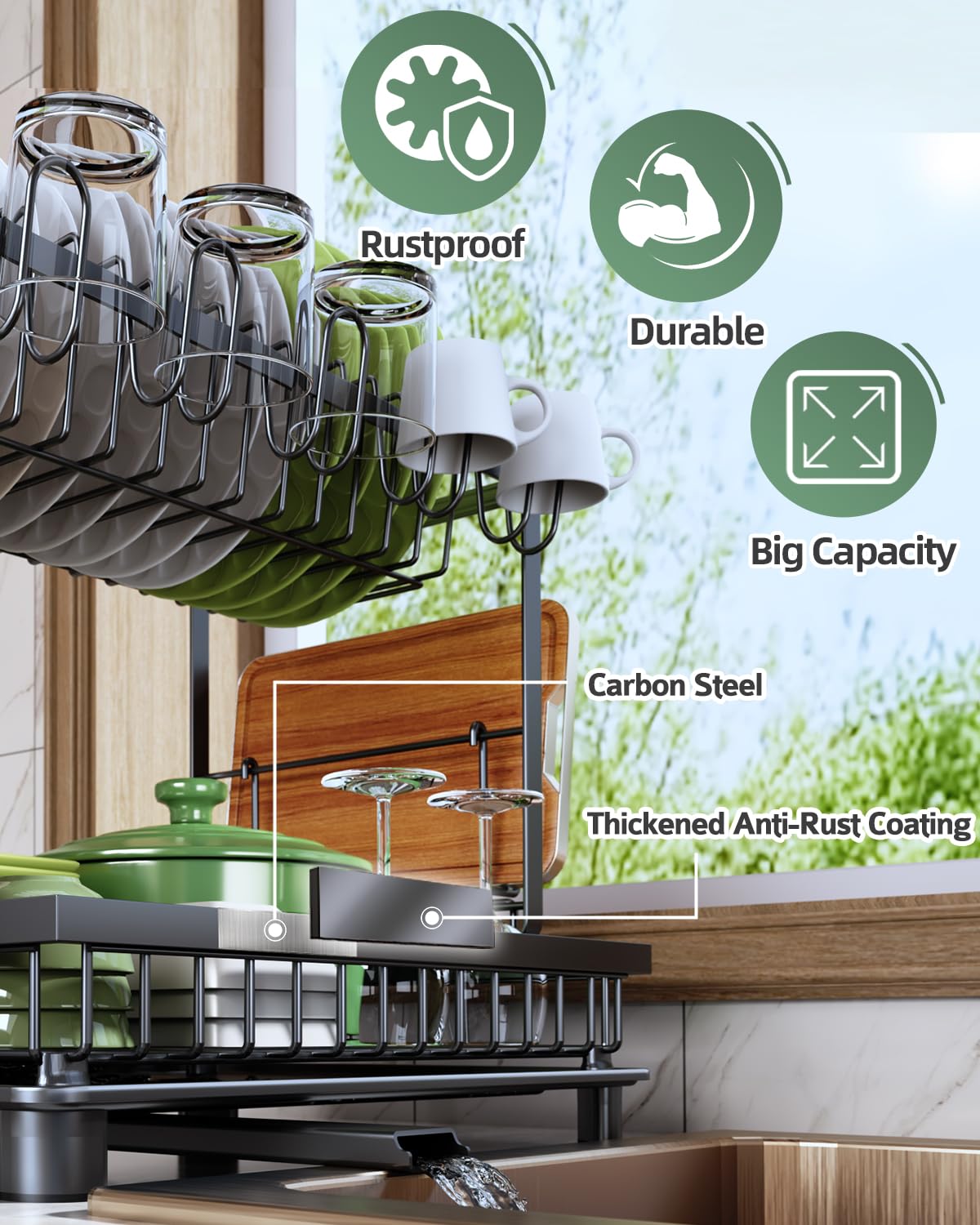 Nfnoyp Dish Drying Rack, 2 Tier Space-Saving Dish Rack, Multifunctional Dish Drainer for Kitchen Counter with Drainboard/Utensil/Cup Holder Rustproof Carbon Steel, Black