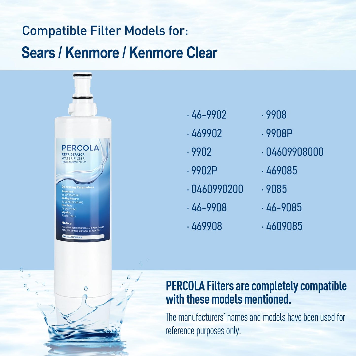 PERCOLA 9085 Water Filter Replacement for Kenmore 46-9085, 9085, 4609085, 46-90102, 90102, 4690102, 46-9902, 46-9908, 9908 (3 Pack)