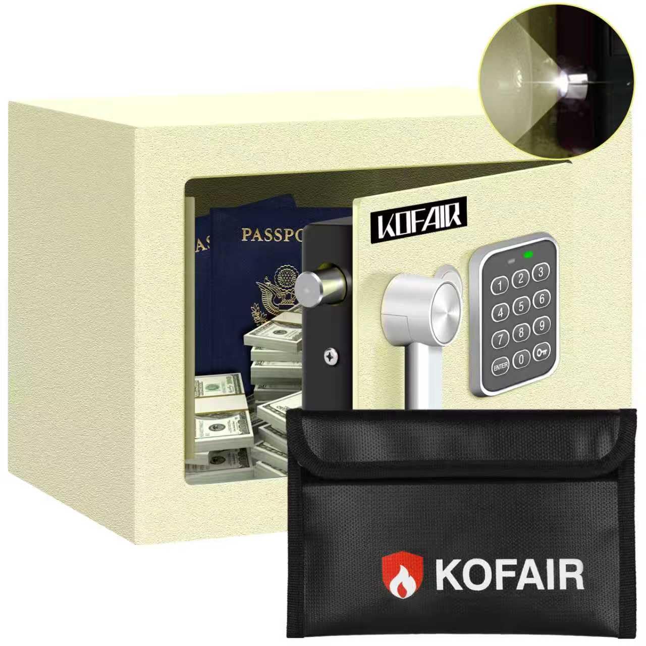 KOFAIR Safe Box for Home Safe (0.23 Cubic Feet) with Fireproof Bag, Personal Money Safey for Cash Saving, Mini Safey with Key, Digital Safety Box with Light, Money Lock Box (White)
