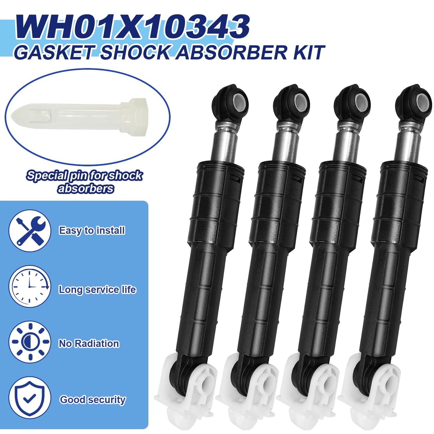 WH01X20826 Washer Shock Absorber Kit (4 Shock and 4 Pins) Fit for GE General Electric, Kenmore Washers Replaces WH01X10343 WH01X10385 WH01X10260 WH01X10425 AH1482318 AP4265856 PS1482318 PD00001516