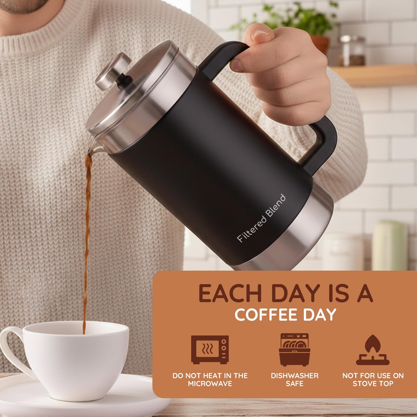 Filtered Blend 1.6L French Press Coffee Maker, 54oz Large Capacity French Press Stainless Steel Brewer with Double Filter Mesh for Kitchen Travel Camping, Hot & Cold Brew Coffee Maker Gifts (Black)