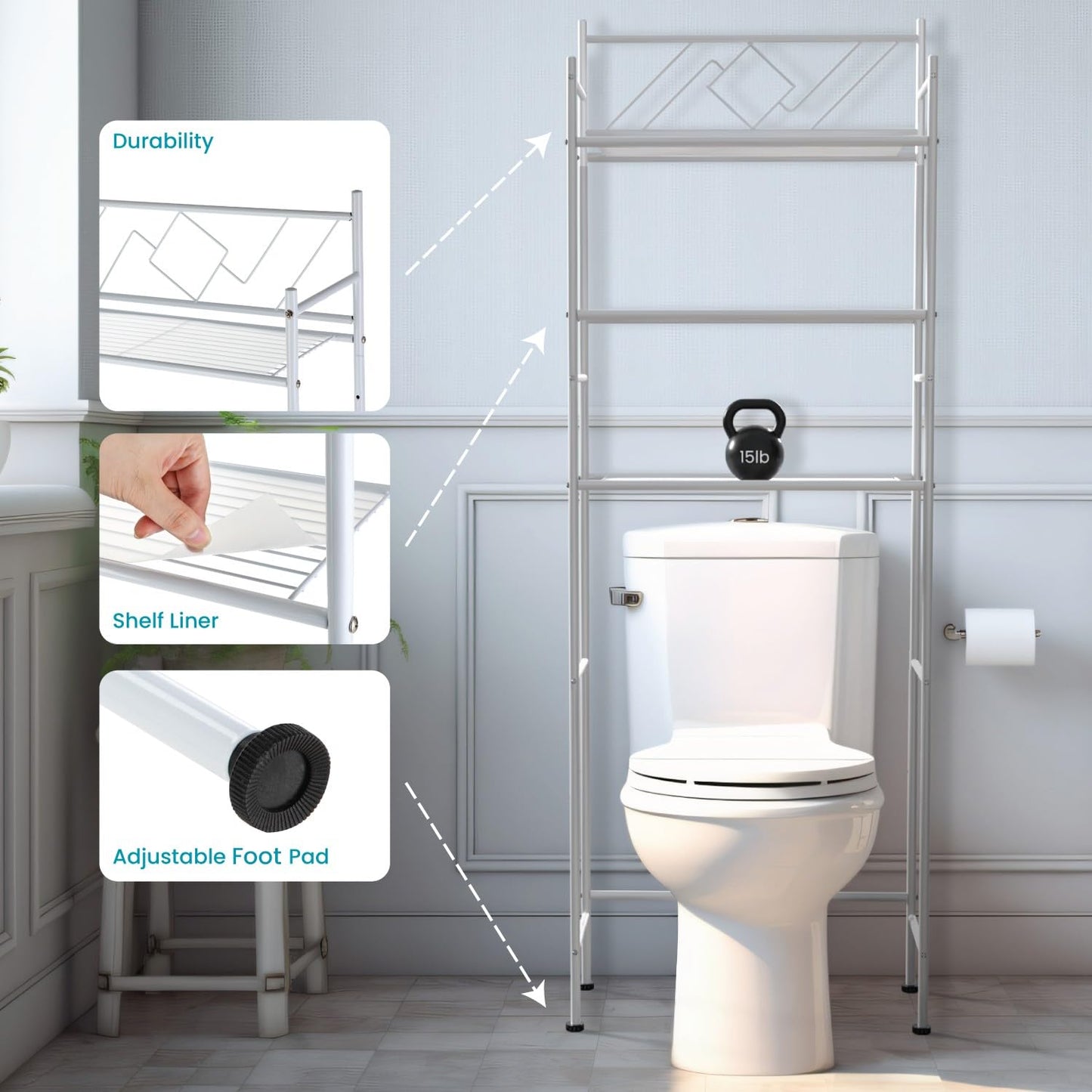 Home Zone Living Over-the-Toilet Bathroom Storage Organizer with 3-Tier Shelves and Adjustable Feet, Freestanding Steel Frame Design, White