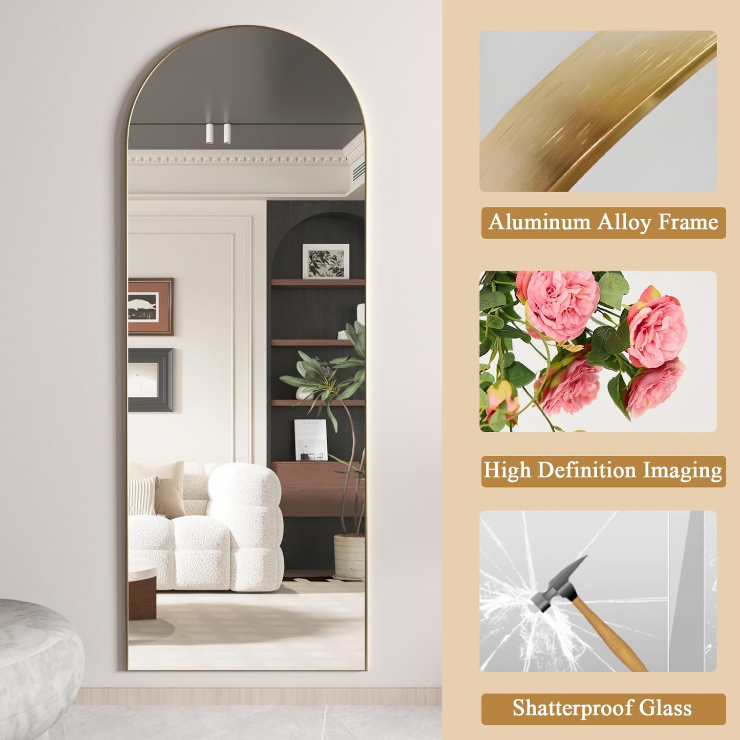NEUWEABY Full Length Mirror, 56"x16" Arch Floor Mirror with Stand, Gold Arched Full Body Standing or Leaning Mirror for Bedroom, Living Room