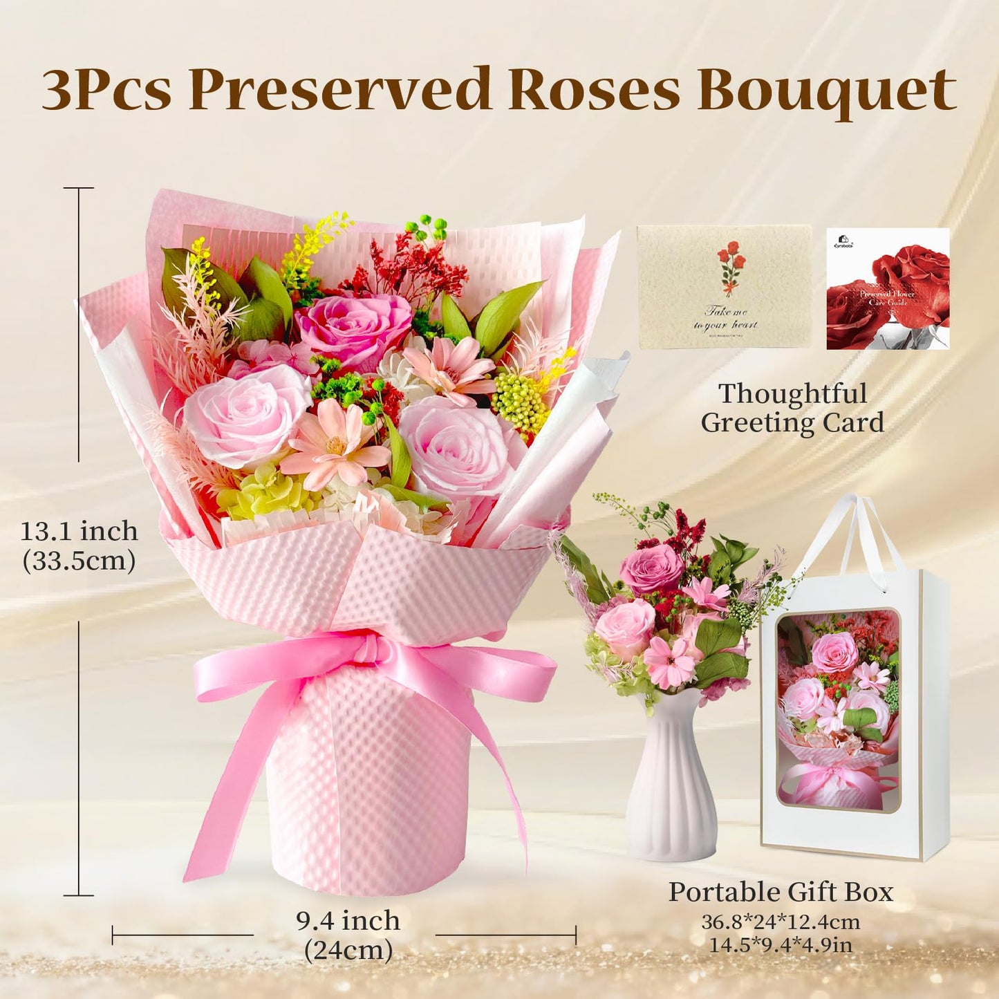 Cyrabota Preserved Roses Bouquet with Vase - Pink Real Eternal Roses that Last 1-3 Years - Forever Flowers Valentines Day Gifts for Her, Home Decor Centerpiece