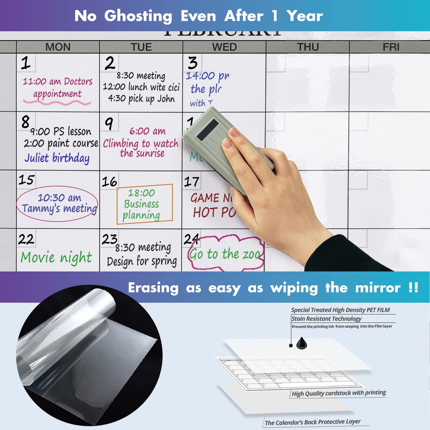Jumbo Dry Erase Yearly Whiteboard Wall Calendar, 46" x 63", Huge 12 Month Laminated Erasable White Board, Giant Annual Family Schedule Planner, Large Undated Reusable Year Poster