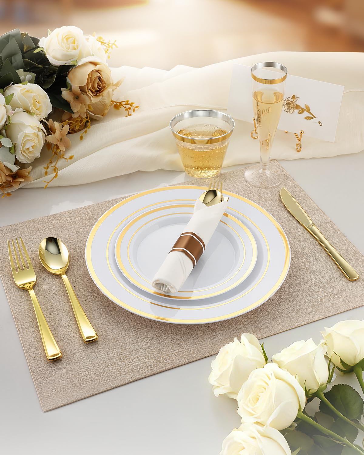 Goodluck 320PCS Gold Disposable Plastic Dinnerware Set for 40 Guests, Include 40 Dinner Plates, 40 Dessert Plates, 40 Napkins with Silverware, 40 Cups, 40 Champagne Glasses, for Christmas, Wedding