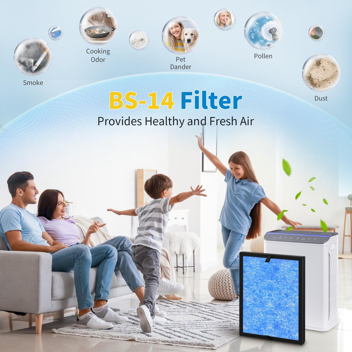 Harebery BS-14 Replacement Filter, Compatible with Slevoo BS-14 Air Cleaner Purifier, 3-in-1 Air Filter Replacement, 2 Pack