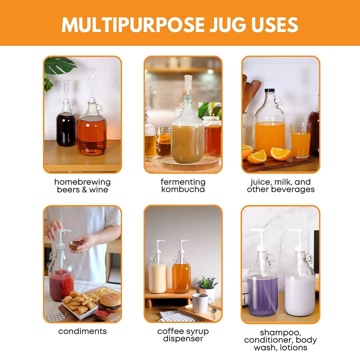 Fastrack 6-Pack Half-Gallon Glass Jug Set (64 oz) w/12 Polyseal Caps & Black Jar Gripper Pad – Multipurpose Half Gallon Jug, & Detergent Dispenser for Laundry, Glass Jar for Liquids, Water & Juice