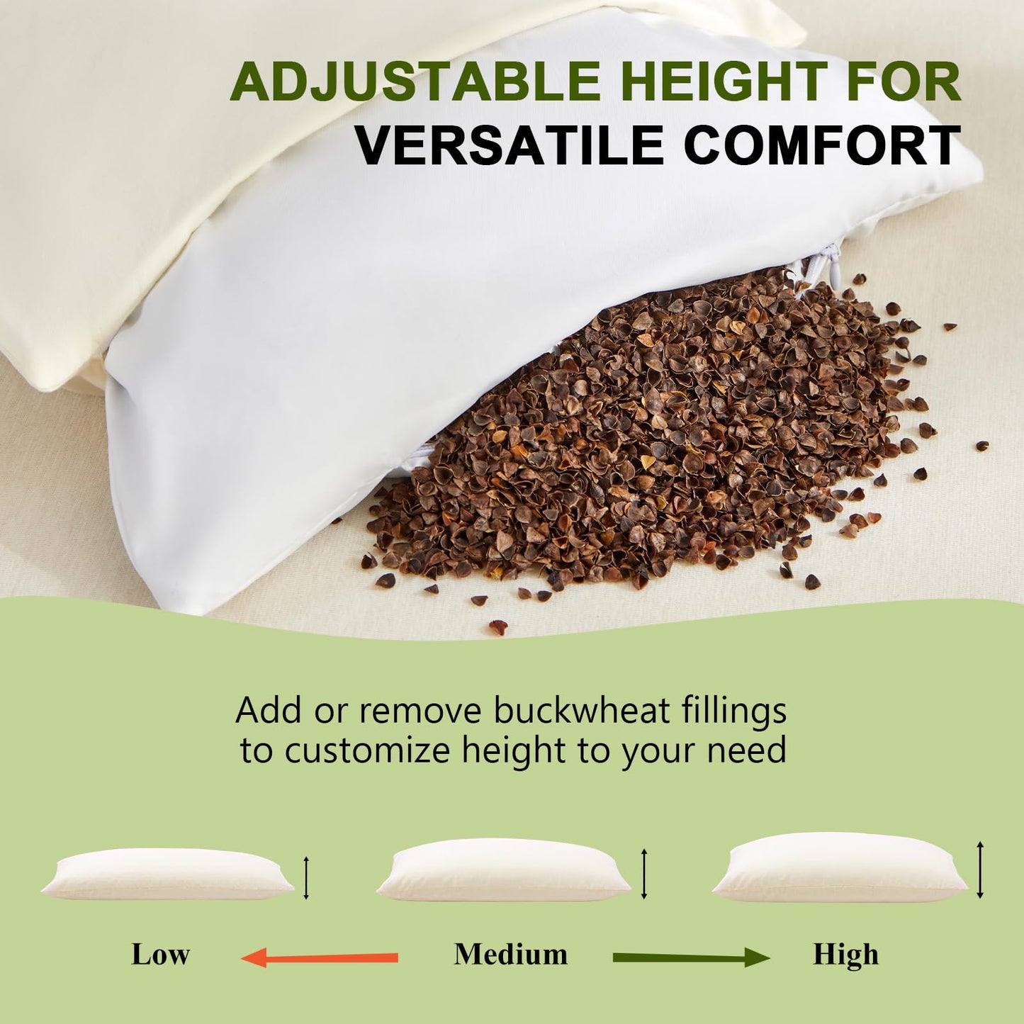 APOBUY 20x26 Large Organic Buckwheat Pillow with Dual-Layer Pillowcase and Extra Tartary Buckwheat Hulls, Adjust Height and Firmness, Neck Support Pillow for Back and Side Sleepers