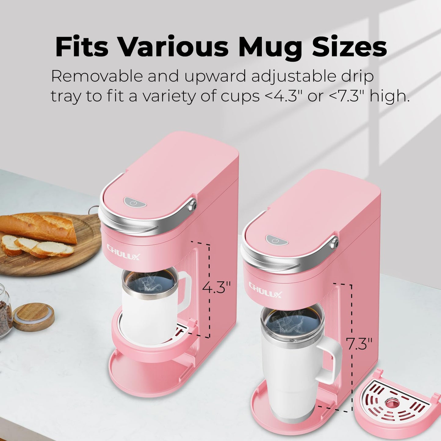 CHULUX Slim Single Serve Coffee Maker for K Pods, One Cup Coffee Maker Fits 7.3" Travel Mugs, Coffee Machine with 6 to 12oz Brew Sizes, Salmon Pink