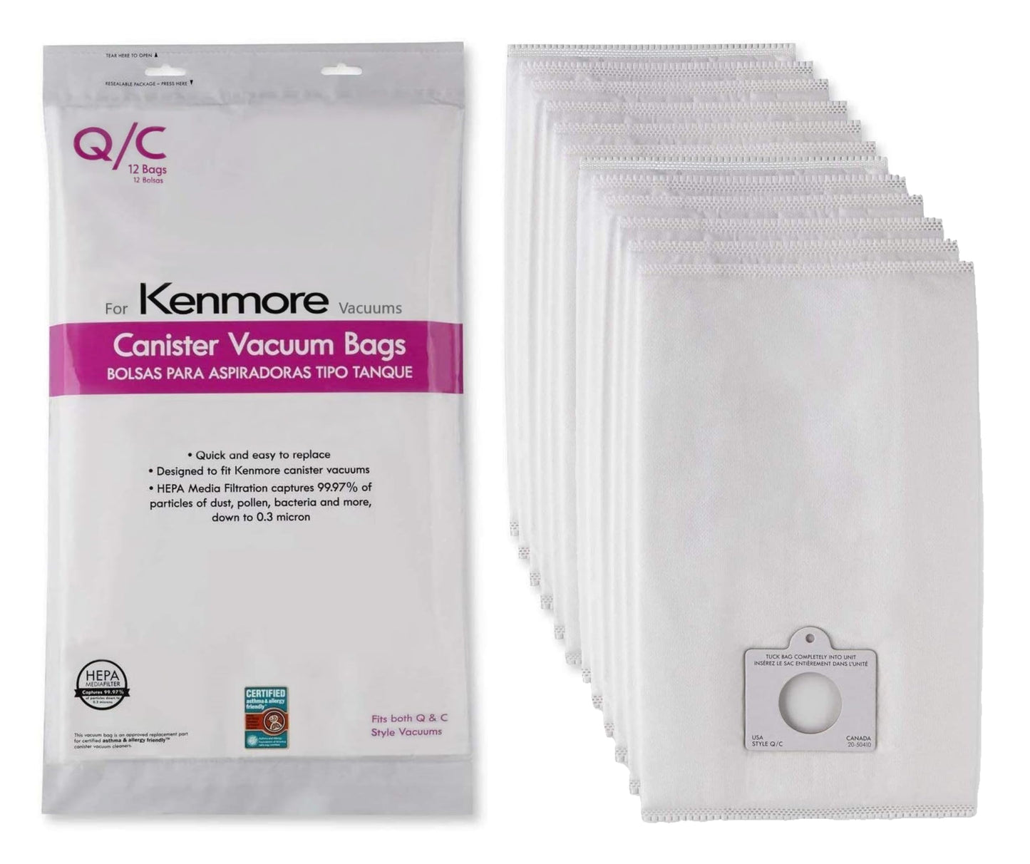 Compatible with Kenmore Canister Vacuum Bags Q/С Type - Models 5055, 50557, 50558, 20-53292, 53291, 200, 400, 700, 800 Series - Pack of 12 Premium Cloth Bags