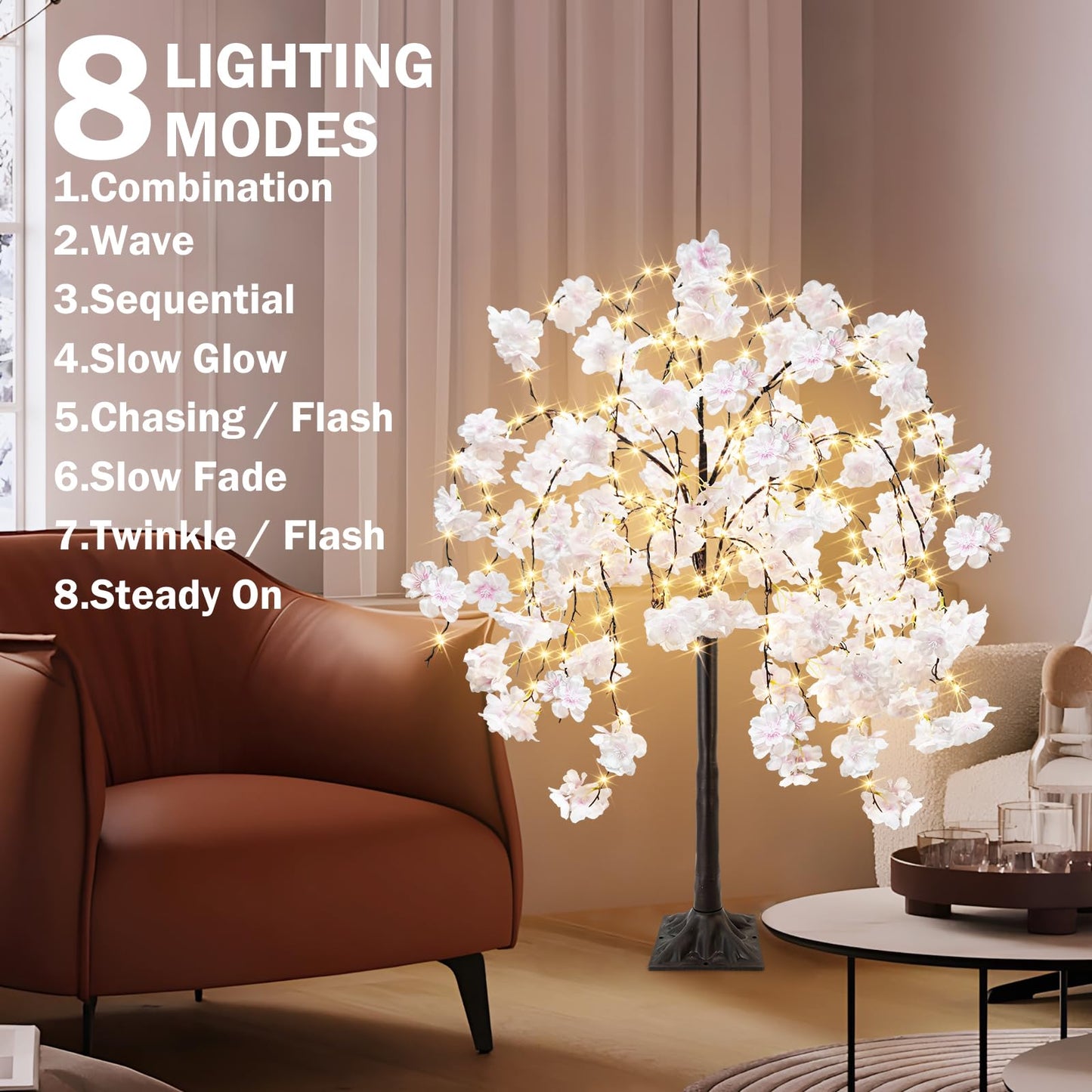 obbsie 4FT Cherry Blossom Tree with 360 LED Fairy Lights Artificial Lighted Tree with 8 Lighting Modes Light Up Pink Tree with Faux Flowers for Spring Wedding Party Indoor Outdoor Decor