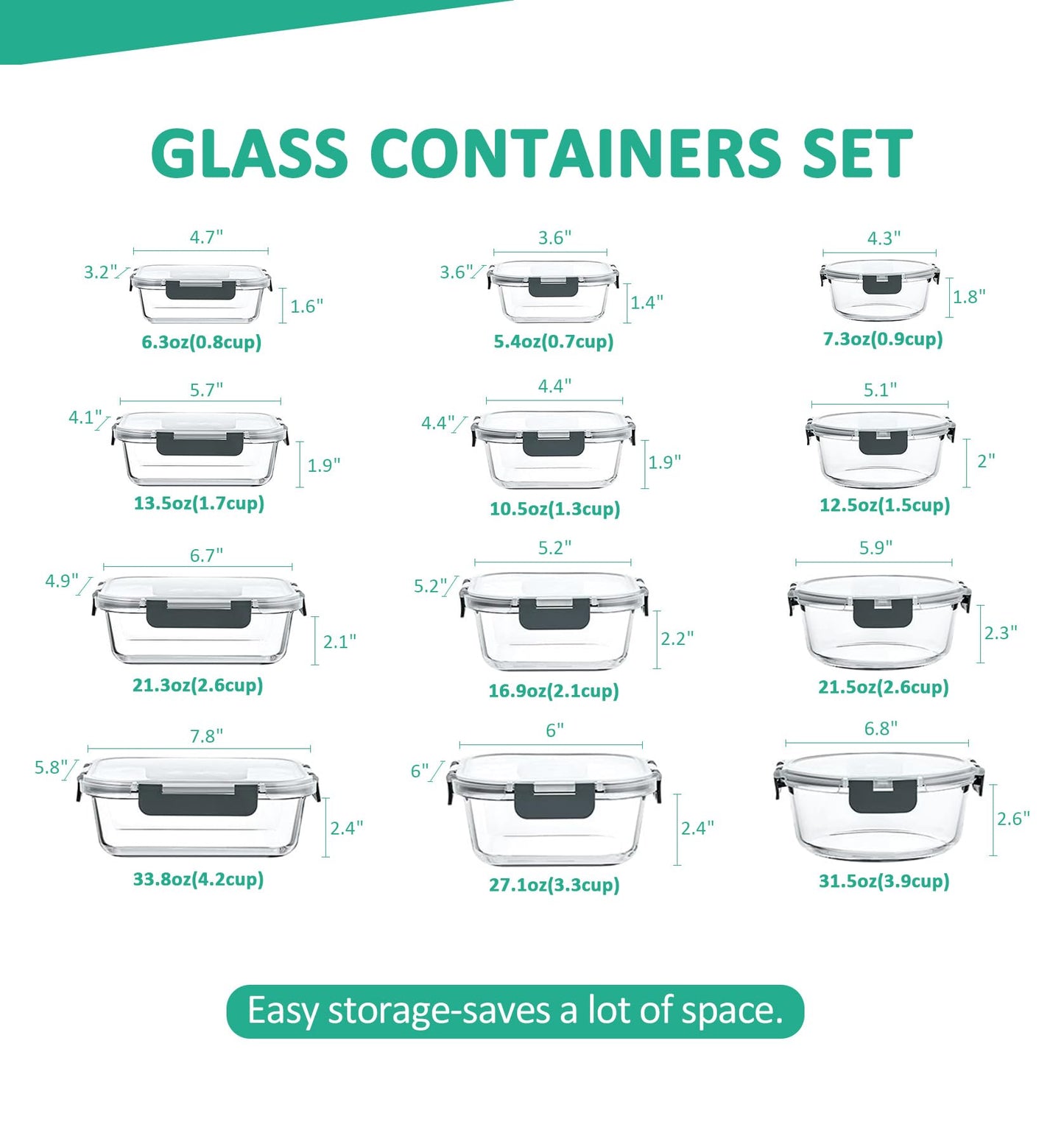 KOMUEE 24 Pieces Glass Food Storage Containers Set, Meal Prep Containers, BPA-Free Airtight Glass Storage Containers with lids,Freezer, Microwave and Oven Safe,Gray
