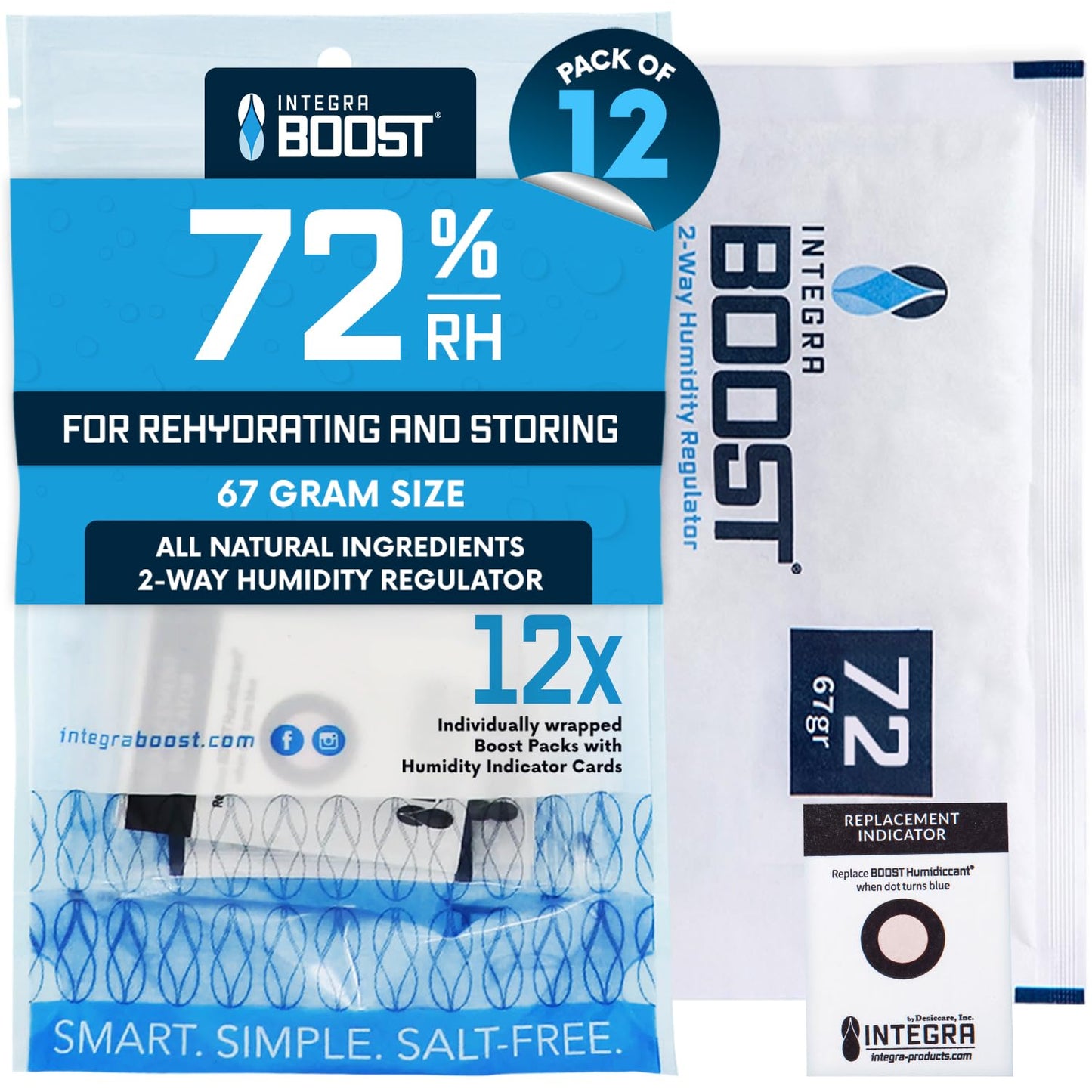 Integra Boost - 72% RH Level - 67 Gram Size - Two-Way Humidity Control Pack - Incl. Replacement Indicator Cards - Food Storage & Herbs Moisture Balancer For Up to 1 LB (Pack of 12)