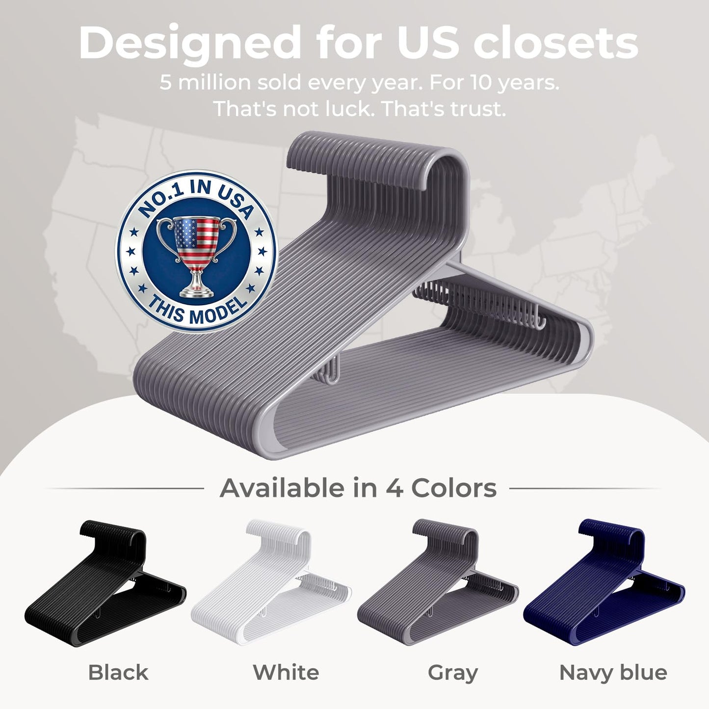 HOUSE DAY Grey Plastic Hangers 60 Pack, Non-Slip Plastic Hanger with Dual Hooks - Slim Space Saving 1/4" Thin Closet Organizers for Coats, Shirts, Pants & Dresses - Lightweight Garment Friendly