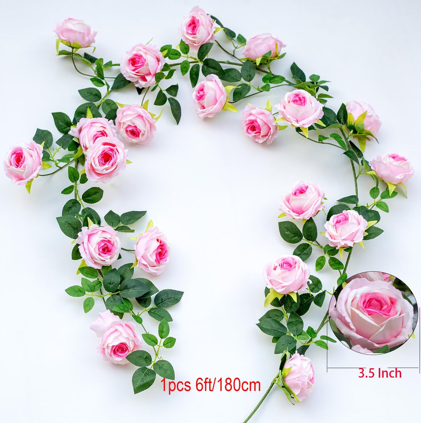 zhixinyue 2Pcs 12Ft Bendable Artificial Flower Garland Faux Rose Vine Hanging Floral Garland for Wall Decor Trellis Fence Home Room Garden Wedding Decoration(Pink, 2pcs)