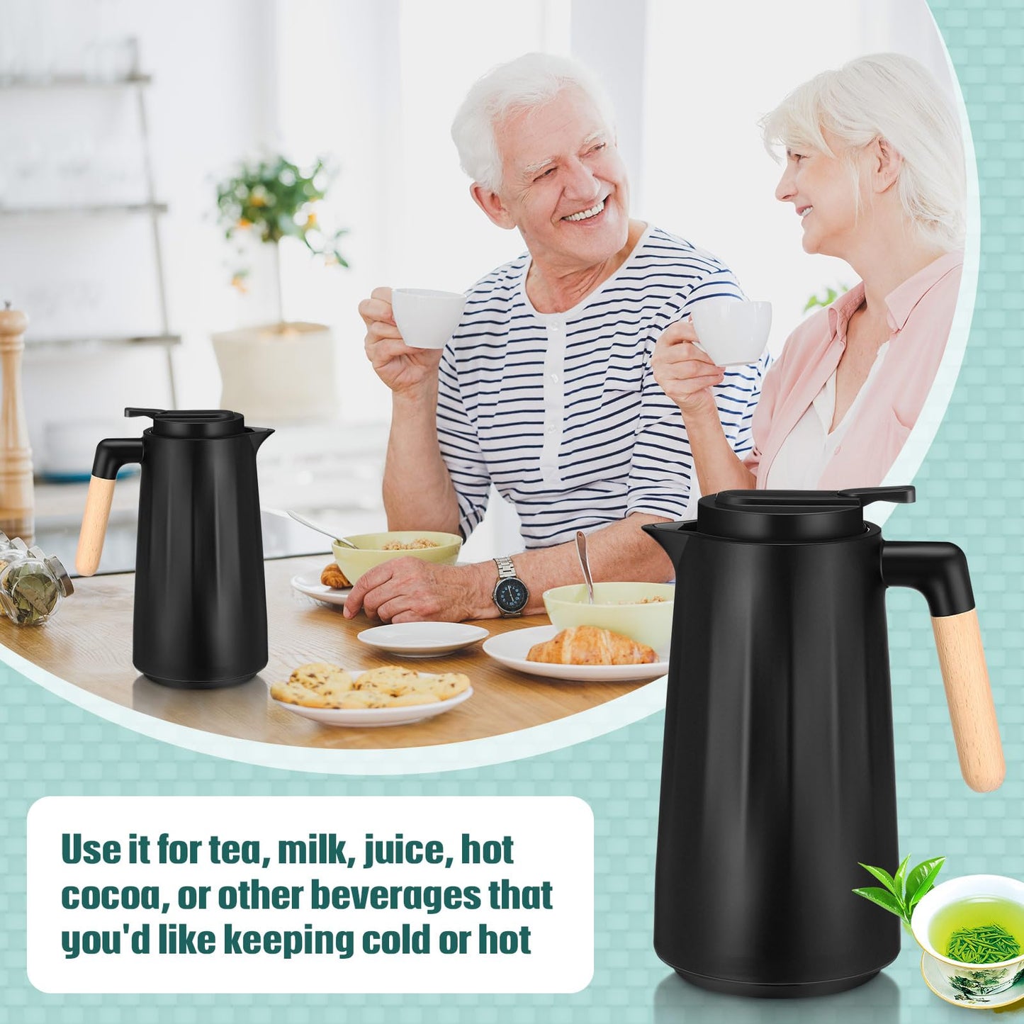Ziliny 2 Pcs 34 oz Thermal Coffee Carafe for Keeping Hot/Cold Double Wall Vacuum Carafe with Insulated Glass Liner and Wood Handle Coffee Pot Container for Drinks Milk Tea Chocolates(Black)