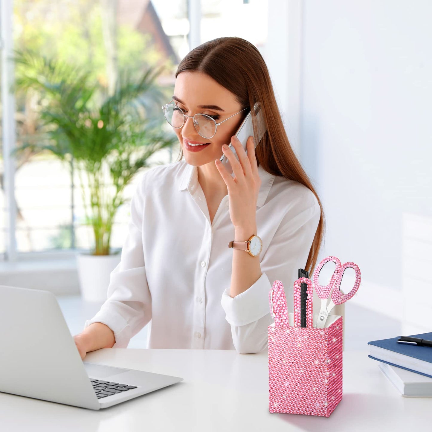 Demissle Pink 7 Pieces Bling Desk Accessories Set Glitter Crystal Office Stationery Kit for Women Diamond Tape Dispenser Rhinestone Stapler Cardholder Pencil Pot Holder Scissor Ballpoint Knife