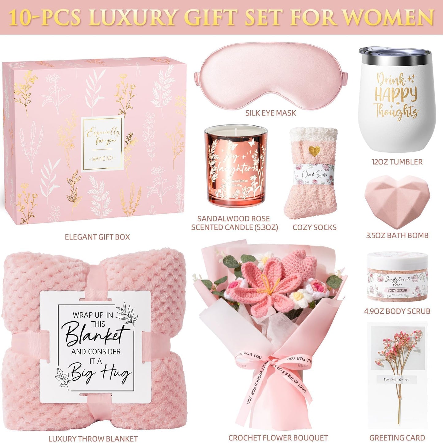 Birthday Gifts for Women Self Care Package Get Well Soon Gift Baskets, Thinking of You Sympathy Gift Set w/ Crochet Flower Bouquet, Unique Christmas Spa Gifts for Women Mom Her Best Friend Sister Wife