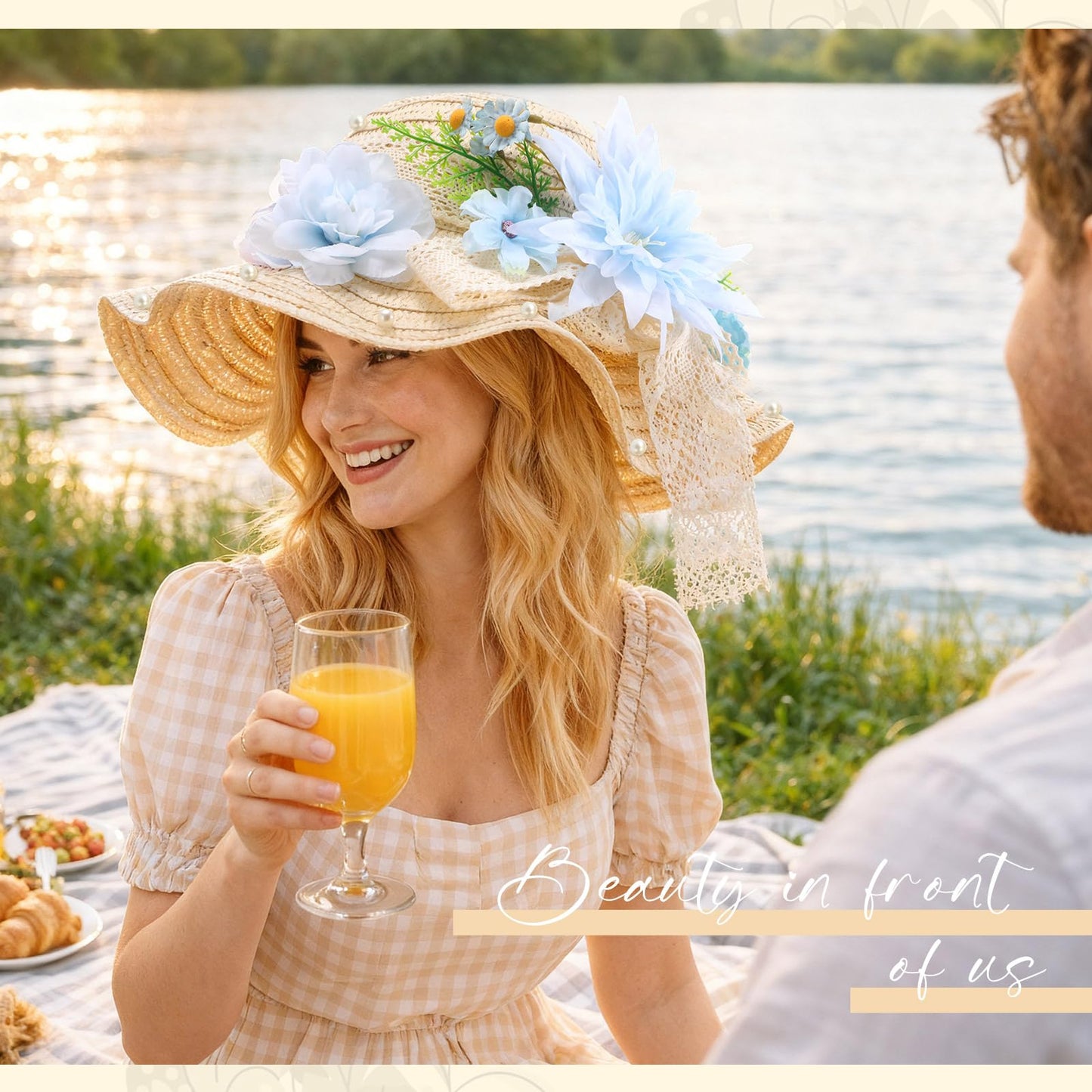 Funnysoft 6 Sets DIY Tea Party Straw Hats Kit DIY Straw Hat for Women Blank Sun Hats with Faux Flower Lace Ribbon for Adults Dress Up Party Camping Picnic Beach Trip Favor Crafts (Vivid Flower)