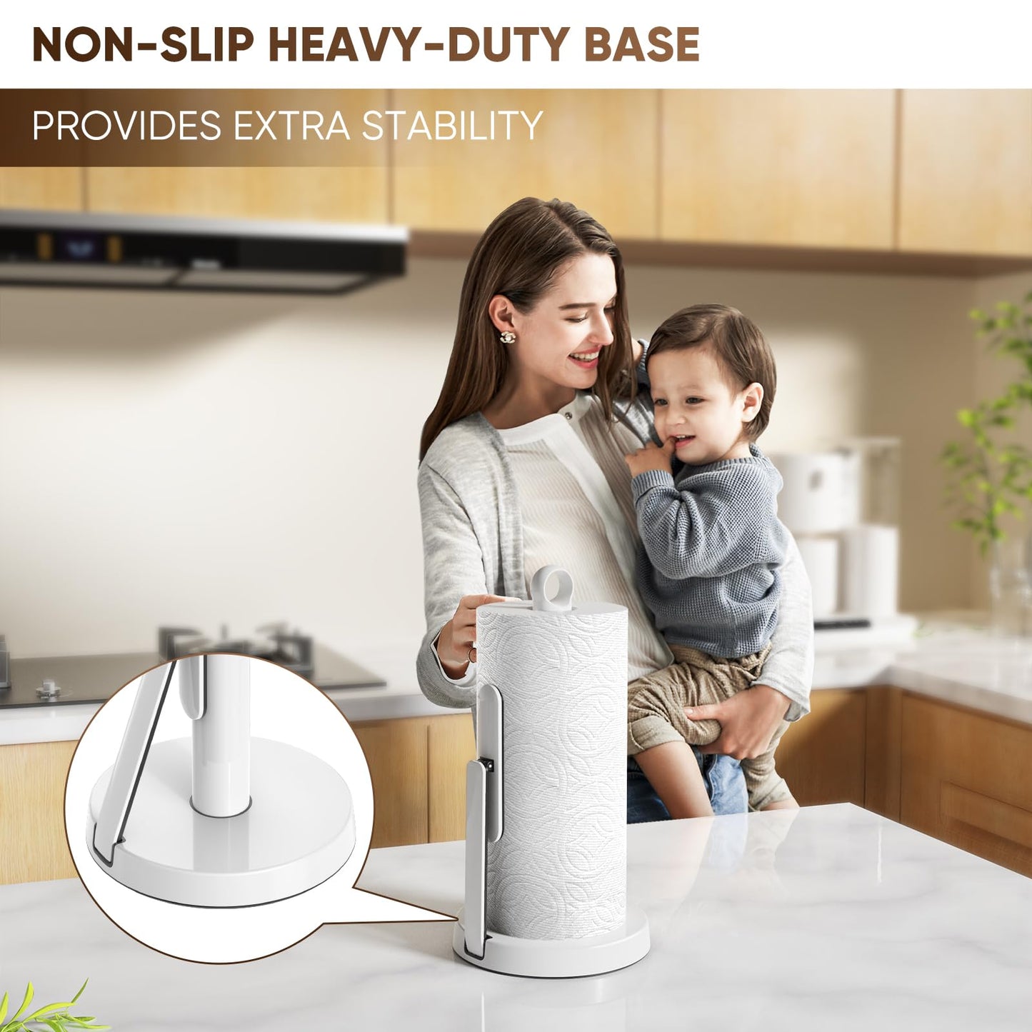 theaoo Heavy-Duty Stainless Steel Paper Towel Holder with Tension Arm – Easy One-Handed Tear, Modern Standing Countertop Dispenser for Kitchen, Holds All Paper Towel Rolls (1, White)