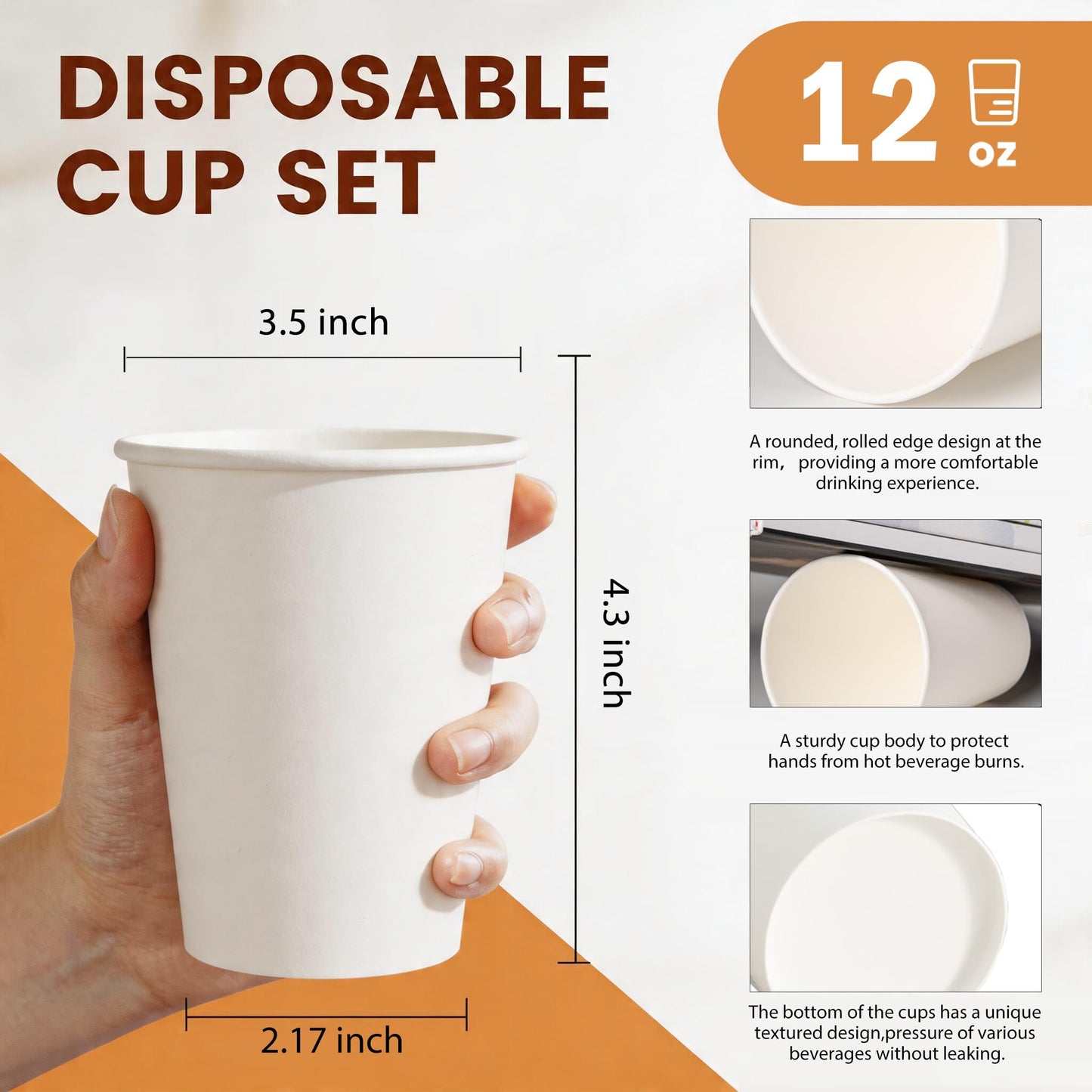 MOUMOULIFE Disposable Paper Coffee Cups 12 oz 500 Count Bulk, Leak-Proof White Paper Cups for Hot & Cold Beverages, Ideal for Party, Office, Home, Travel