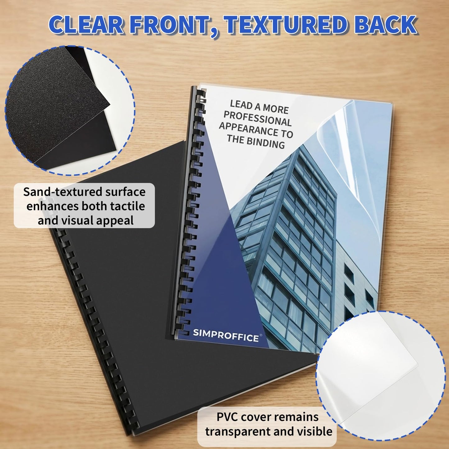 SIMPROFFICE 180 Pack Binding Covers and Backs Set, 8.5 x 11 Inches, 90P Clear PVC Covers (10 Mil), 90P Black Sand-Textured Polycovers (12 Mil)，Presentation Covers for Binding, Letter Size