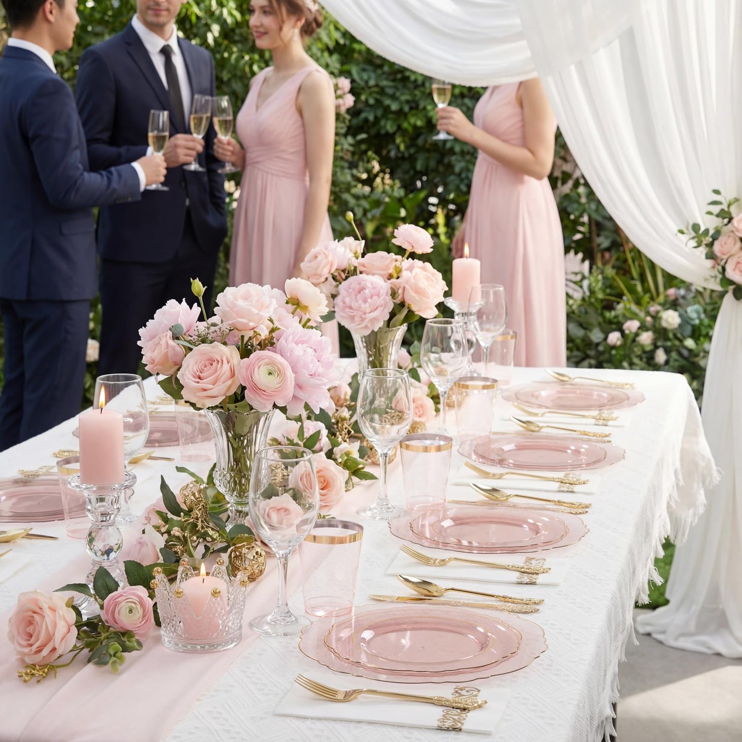KIRE 210Pcs Clear Pink Plastic Plates with Gold Rim - Disposable Pink Plates for Party - 30 for Dinner 30 for Dessert 90 Silverware 30 Napkins 30Cups for Upscale Wedding/Party/Baby Shower