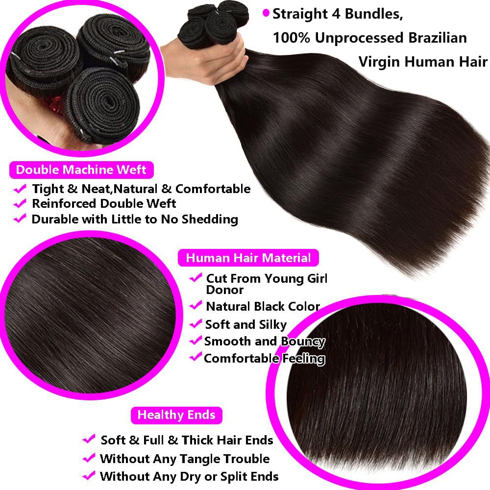 12A Straight Bundles Long Human Hair Bundles Brazilian Virgin Straight Weave 4 Bundles Natural Black Human Hair Bundles Deals Remy Human Hair Extensions for Black Women (22 24 26 28 Inch)
