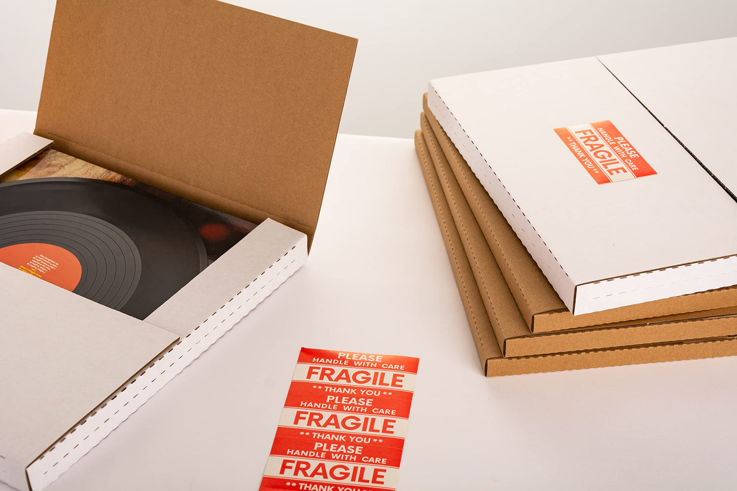 YUSHYIJIE LP Mailers 12.8x12.8x1 inch Vinyl Record Shipping Boxes with Fragile Stickers, Kraft Corrugated Album Mailing Box for Packing, Moving, Storage, 15 Pack