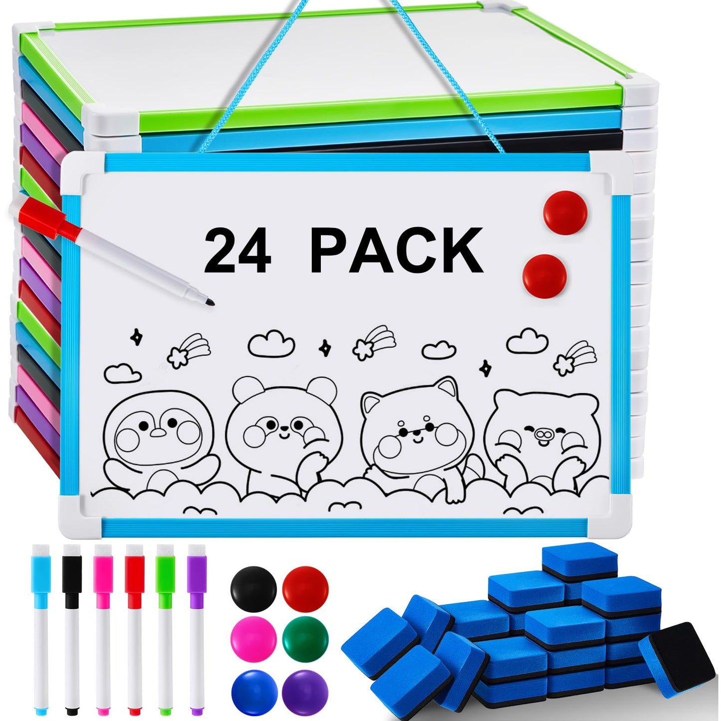 Colarr 24 Pack Hanging Magnetic Dry Erase Board 8'' x 12'' Small Double Sided White Board for Students Teachers Mini Whiteboard Bulk School Supplies Including Markers Magnetic Buttons and Blue Erasers
