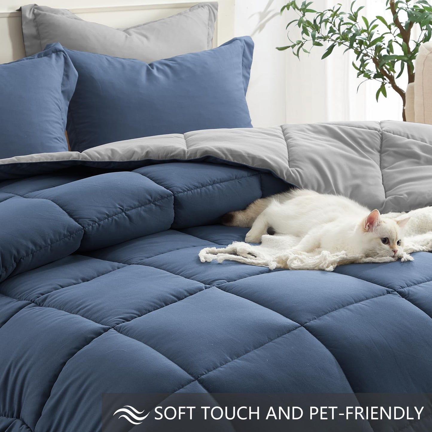 Homelike Moment Queen Comforter Set Blue, Comforters Queen Size Set Lightweight Reversible Down Alternative Bed Comforter Full Size Soft, All Season 3 Piece Sets Blue/Grey