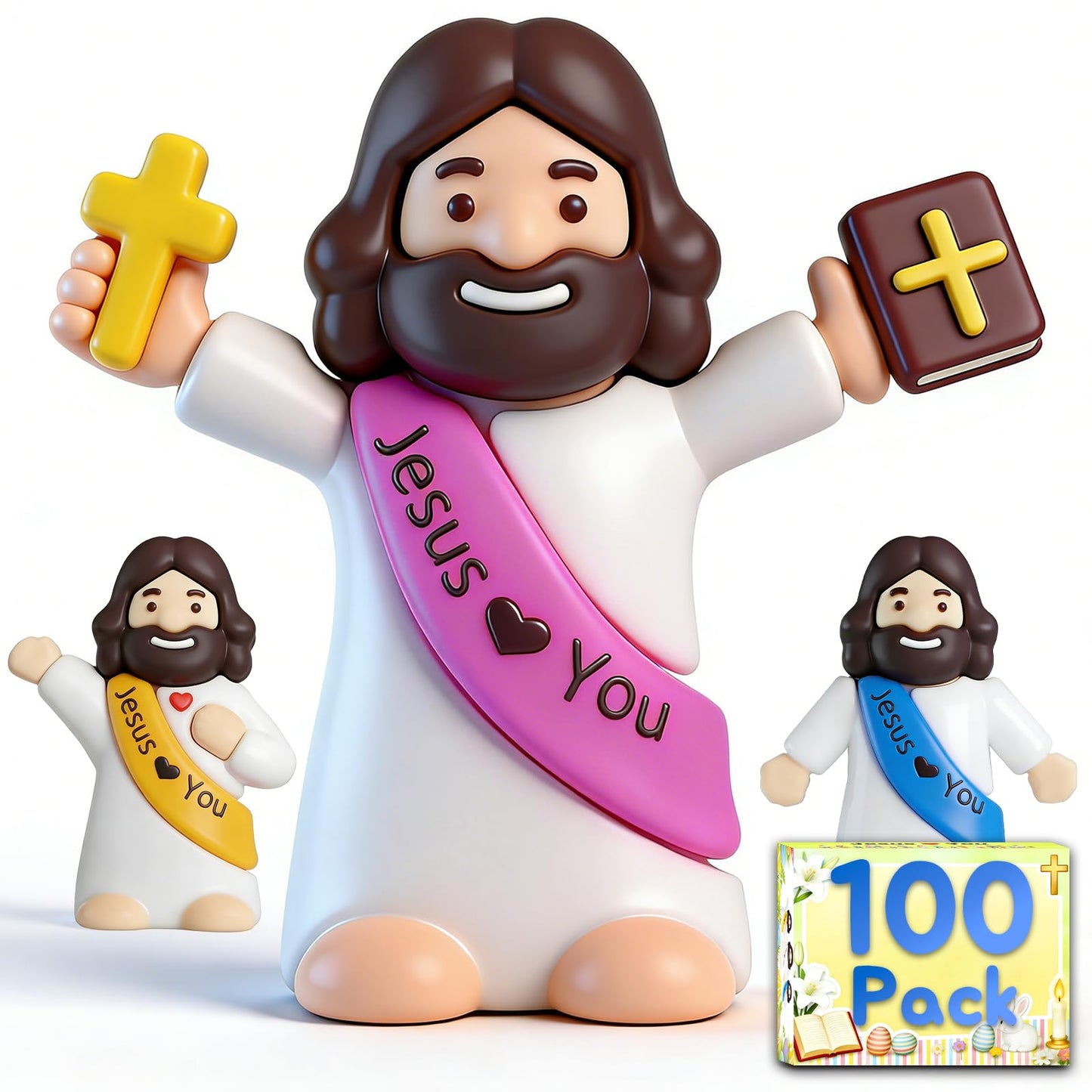 100PCS Little Jesus Figures, Mini Jesus Figurines in Bulk, Multicolor Tiny Jesus Set with Jesus Loves You Figures for Easter Egg Stuffers, Hide and Seek, Baptism, Faith Activities, Religious Gifts