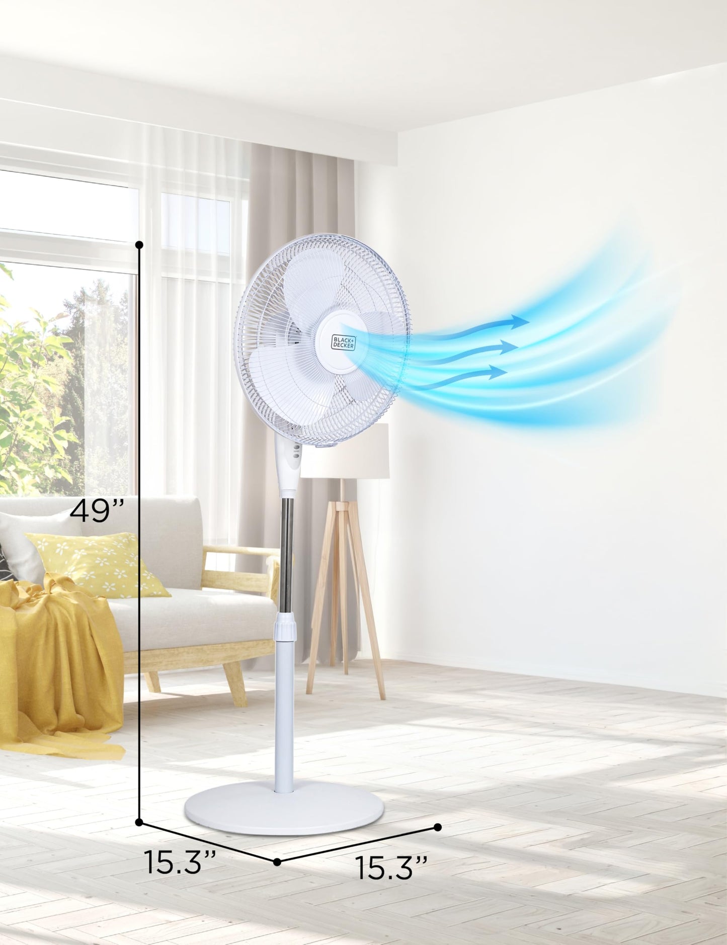 BLACK+DECKER 16" Standing Oscillating Pedestal Fan with Remote, 90-Degree Oscillation, 3 Speed Settings, Adjustable Height, Timer, 30-Degree Tilt, BFSR16W, White