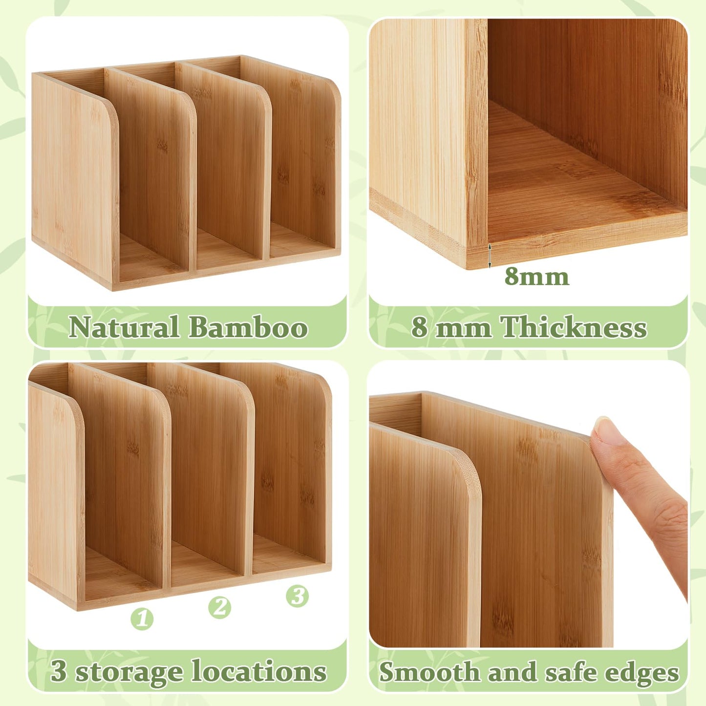 Novabright Bamboo Wooden File Magazine Holder Desk Organizer, 3 Vertical Compartments Workspace Sorters for Magazines, Binders, Notebooks, Envelopes