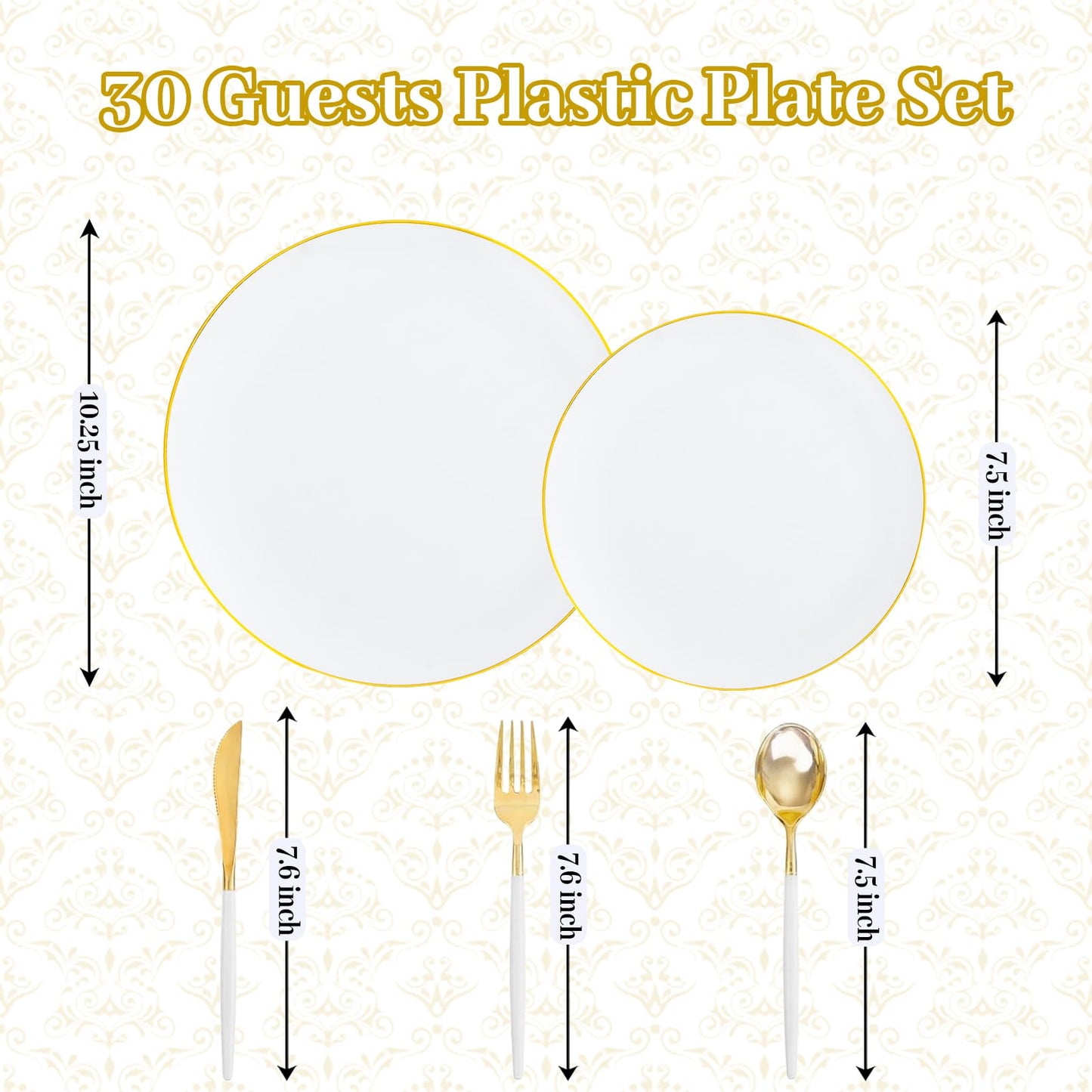 DaYammi 150Pcs Gold Plastic Plates with Disposable Silverware,White Gold Disposable Dinnerware Set - 30 Dinner Plate,30 Dessert Plate,90 Gold Cutlery with White Handles,Fancy Plates for Party Wedding
