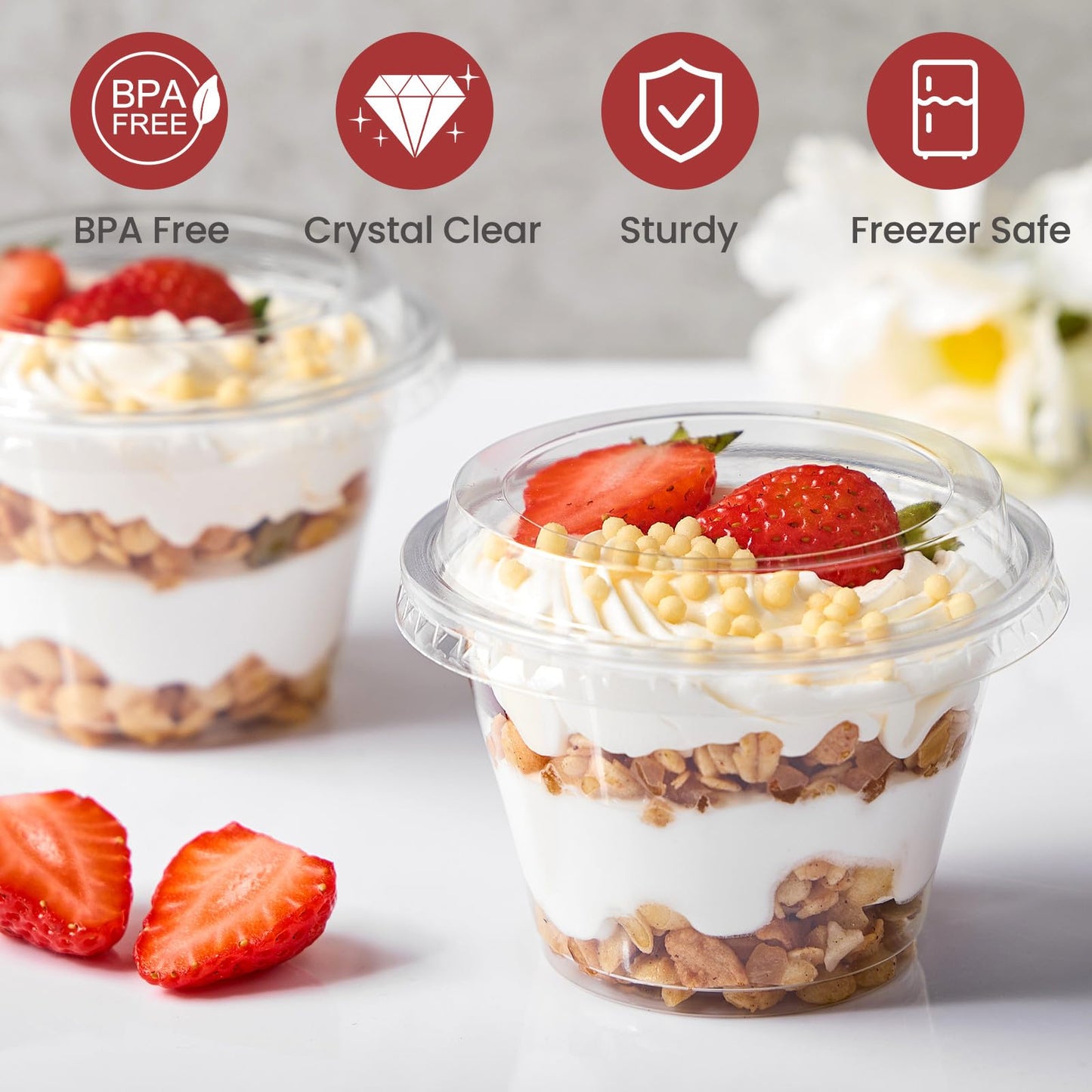 Jycnolm 100 Pack 6 oz Plastic Dessert Cups with Lids, Small Plastic Yogurt Parfait Cups, Mini Round Party Serving Cup for Pudding, Fruit, Cake, Appetizer, Dessert Shot Glasses