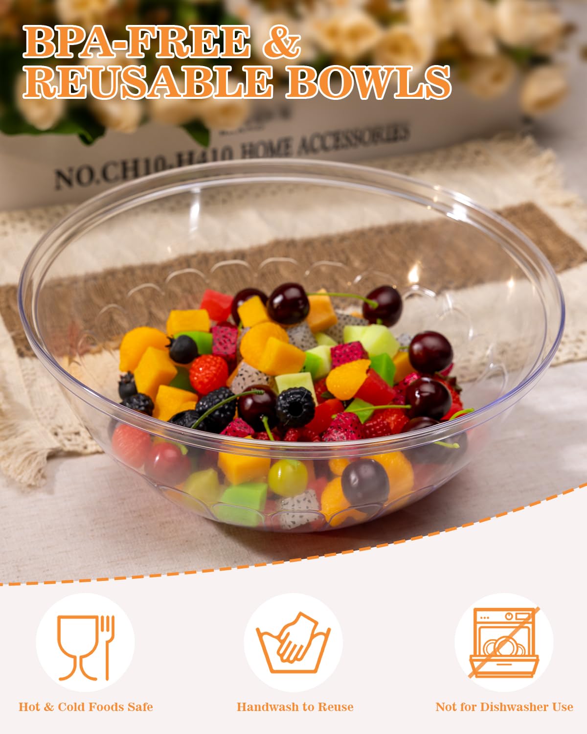 BESTVIP 4 Pack 150 Ounce Clear Plastic Serving Bowls, Disposable 11.6" Party Bowls for Chips/Salad/Candy/Snacks, Stackable Buffet Containers for Christmas, Holiday, Weddings, Showers/Events, Reusable