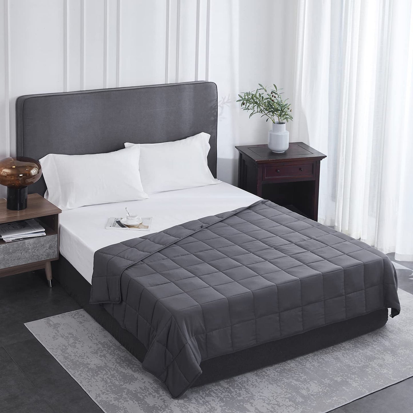 L'AGRATY Weighted Blanket for Adults- Dark Grey, 48"x72", 15lbs, Twin Full Size Heavy Throw Blanket, Cooling, Breathable, Microfiber with Glass Beads, Big, Washable, All-Season